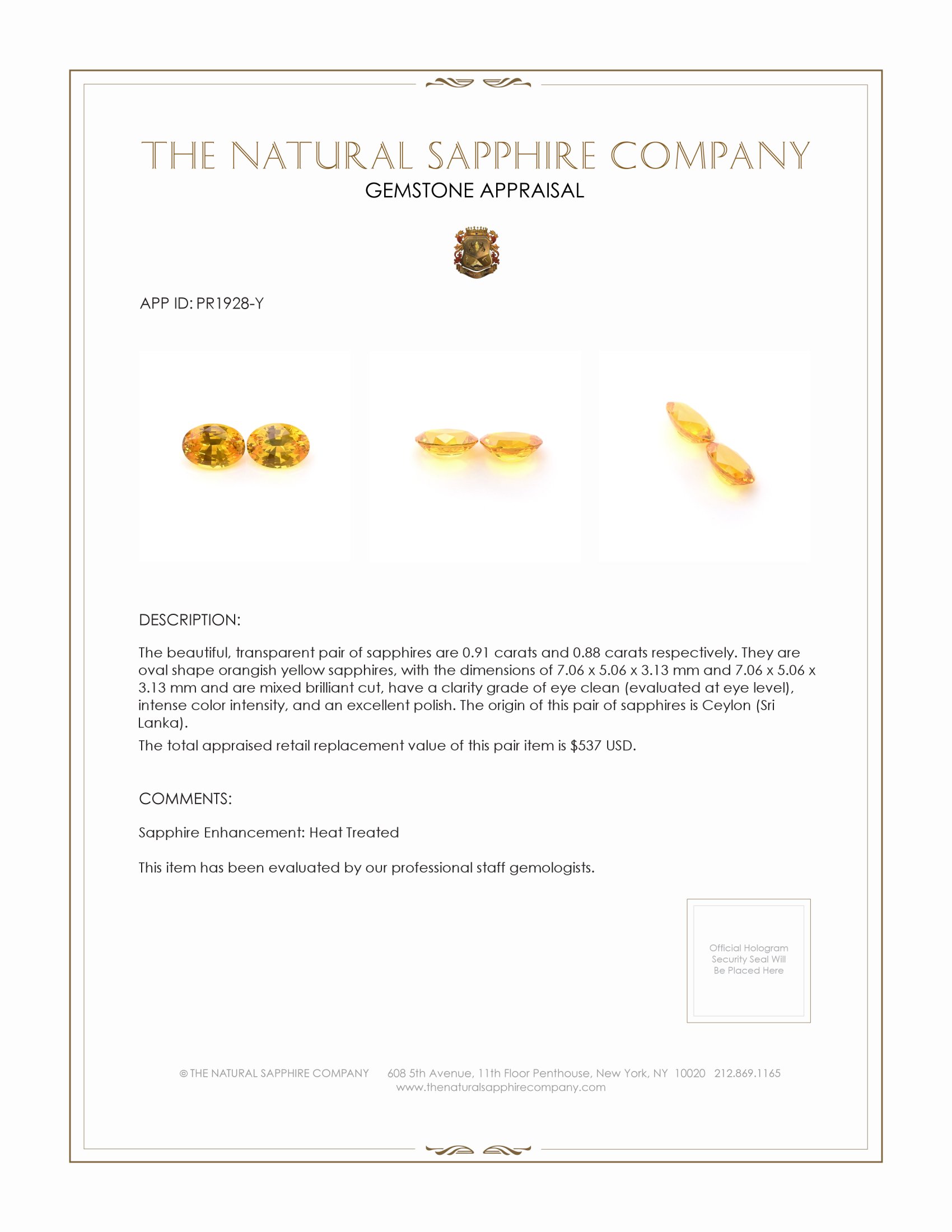 1.79 Ct.Tw. Orangish Yellow Sapphire Pair from Ceylon (Sri Lanka)