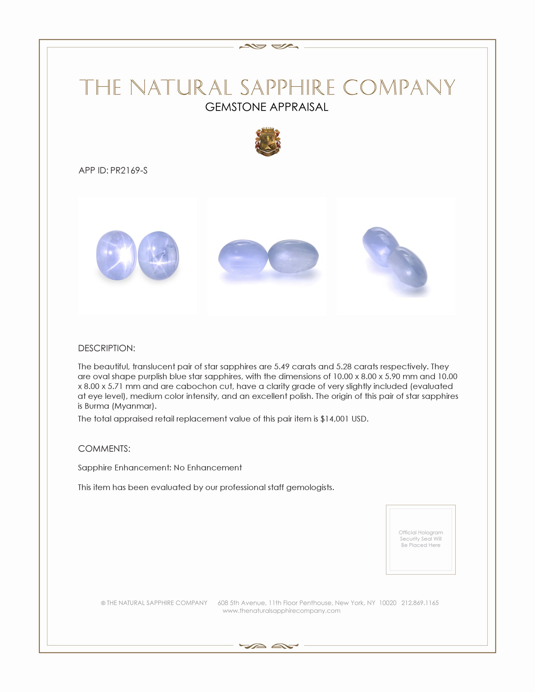 10.77 Ct.Tw. Purplish Blue Star Sapphire Pair from Burma (Myanmar)