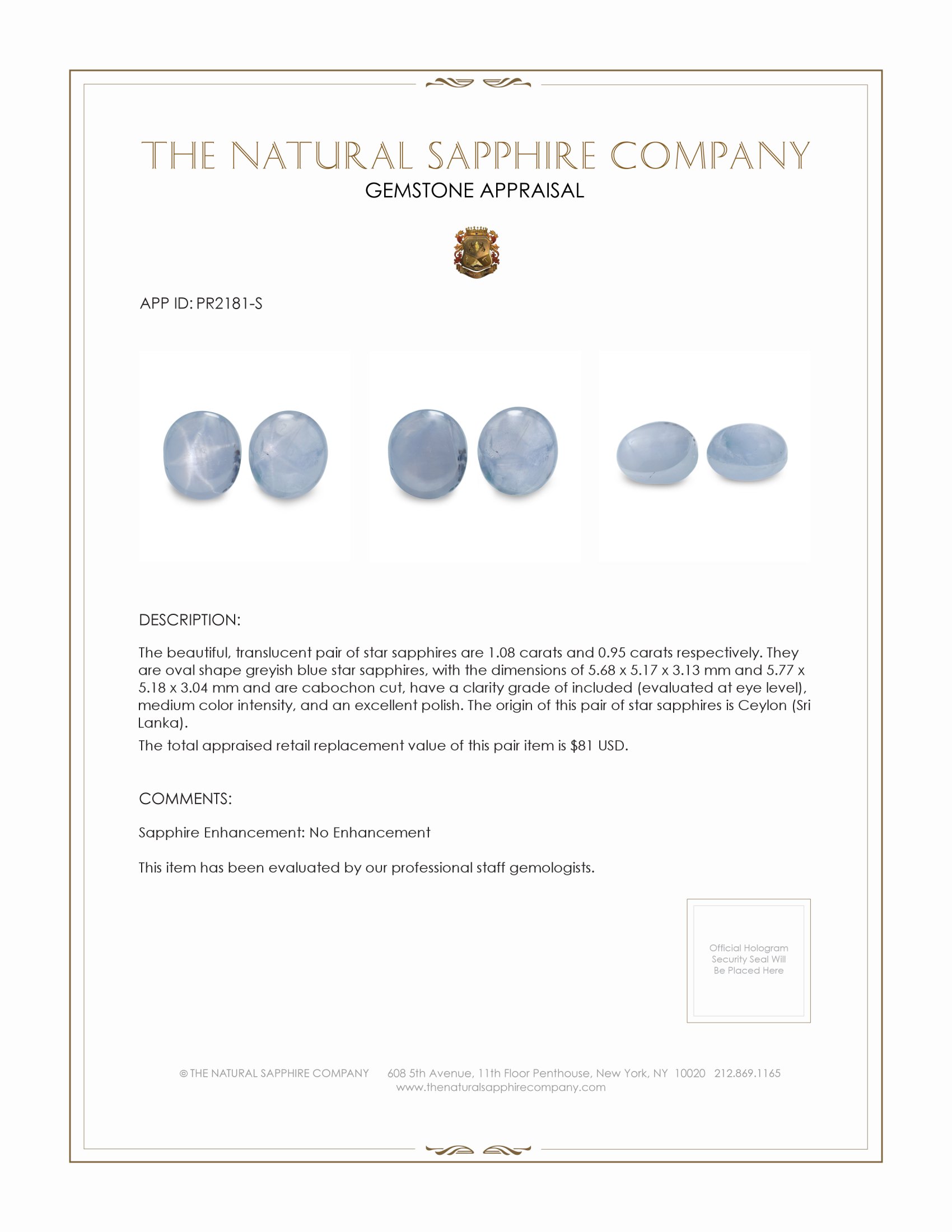 2.03 Ct.Tw. Greyish Blue Star Sapphire Pair from Ceylon (Sri Lanka)