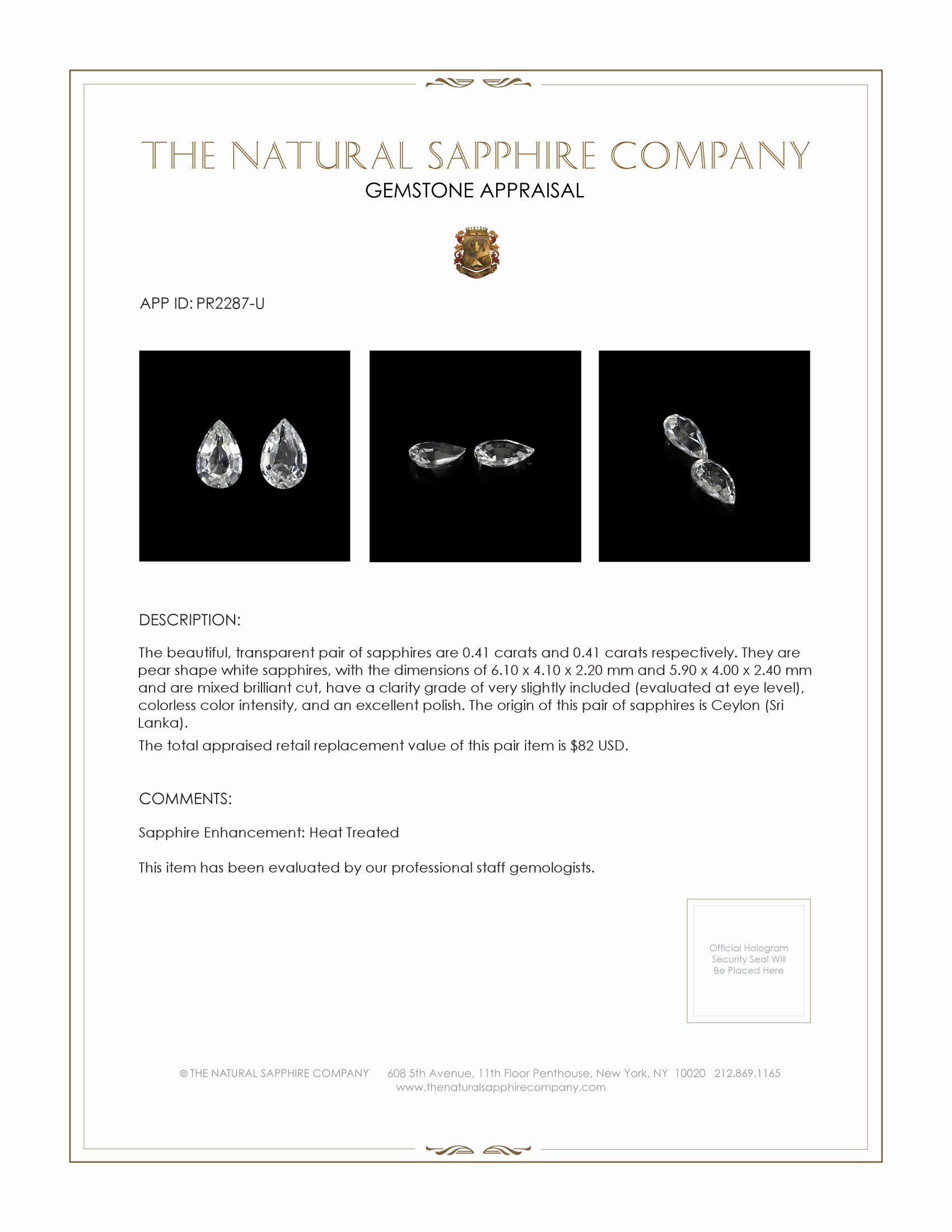 0.82 Ct.Tw. White Sapphire Pair from Ceylon (Sri Lanka)