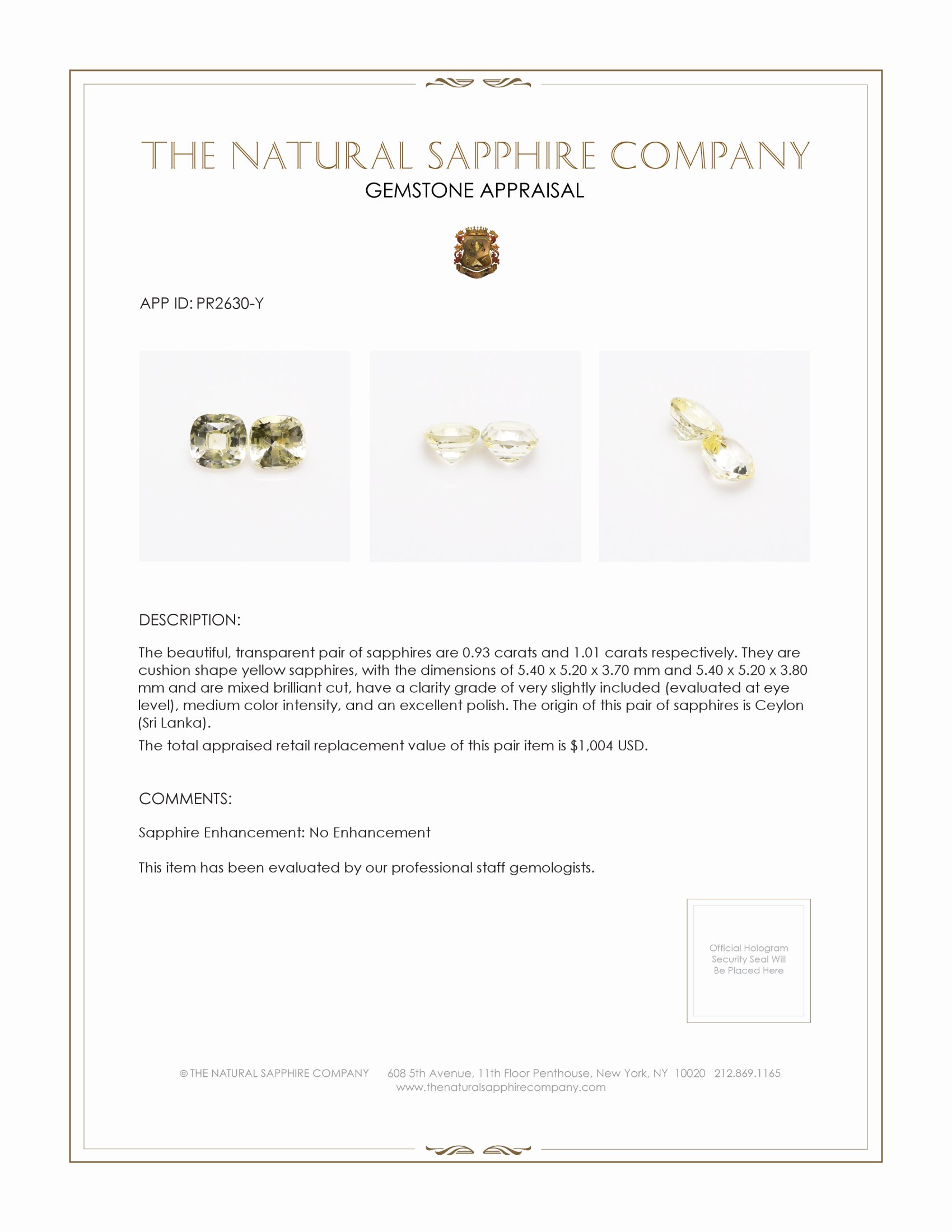 1.94 Ct.Tw. Yellow Sapphire Pair from Ceylon (Sri Lanka)