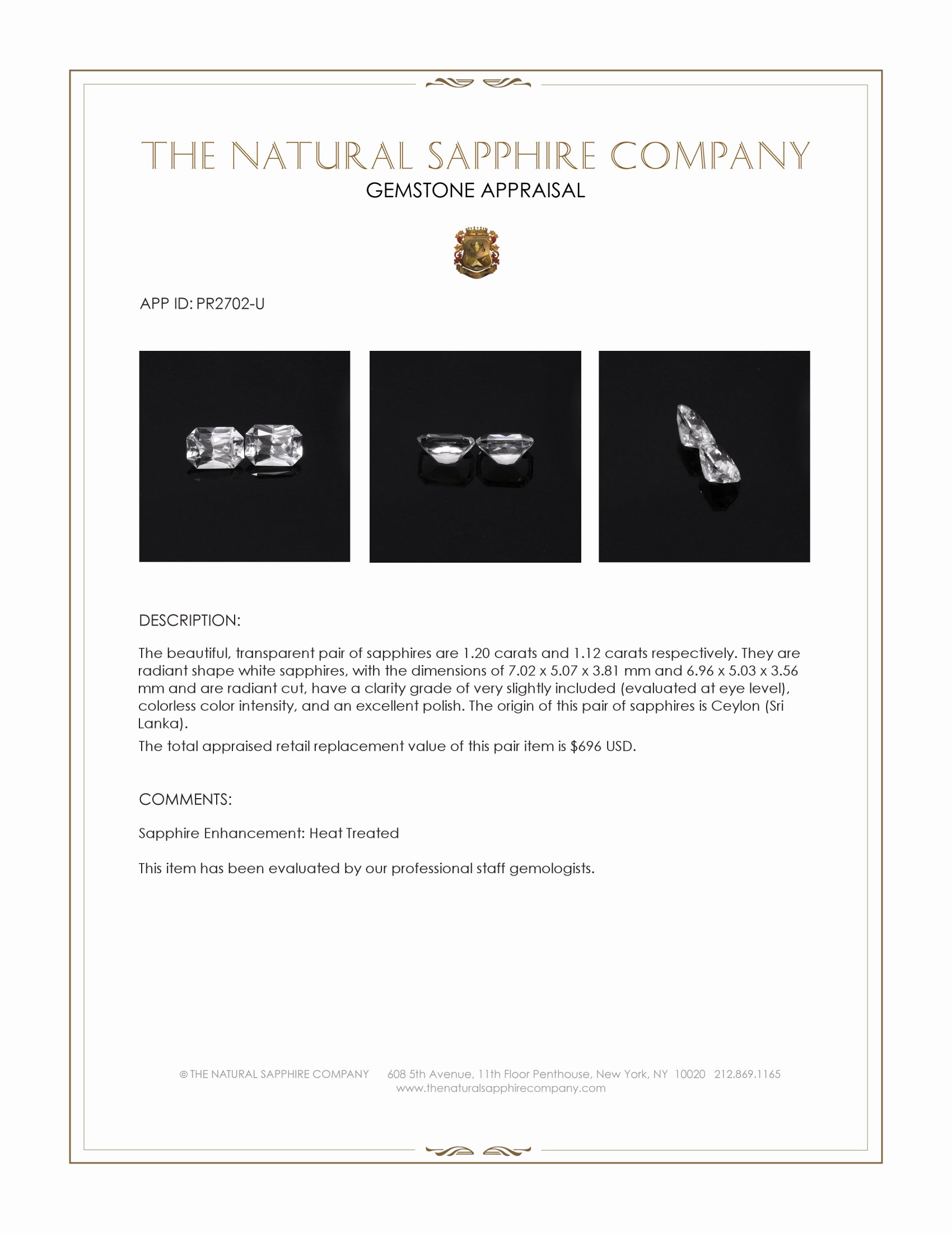 2.32 Ct.Tw. White Sapphire Pair from Ceylon (Sri Lanka)