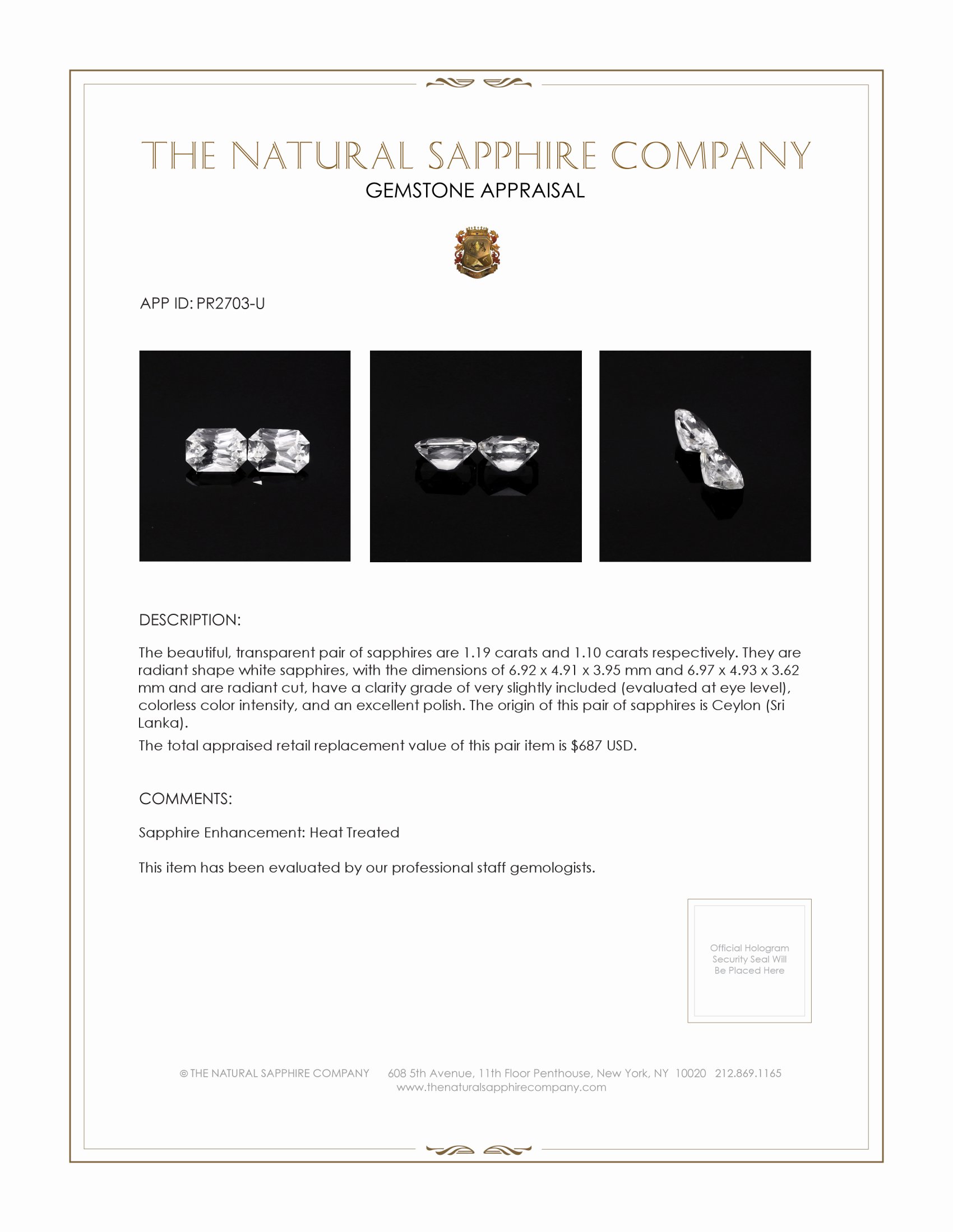 2.29 Ct.Tw. White Sapphire Pair from Ceylon (Sri Lanka)