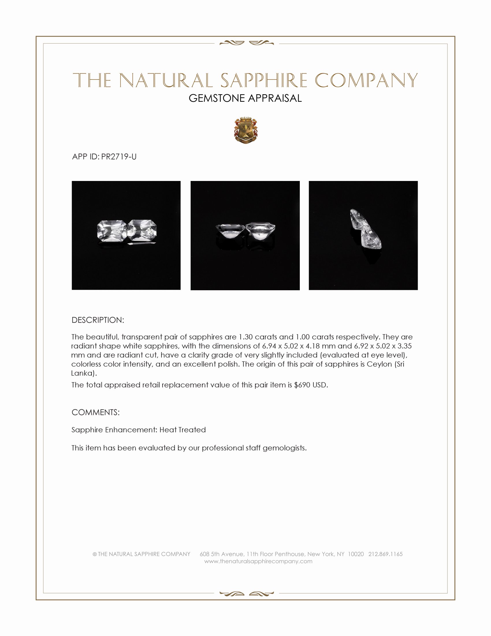 2.30 Ct.Tw. White Sapphire Pair from Ceylon (Sri Lanka)