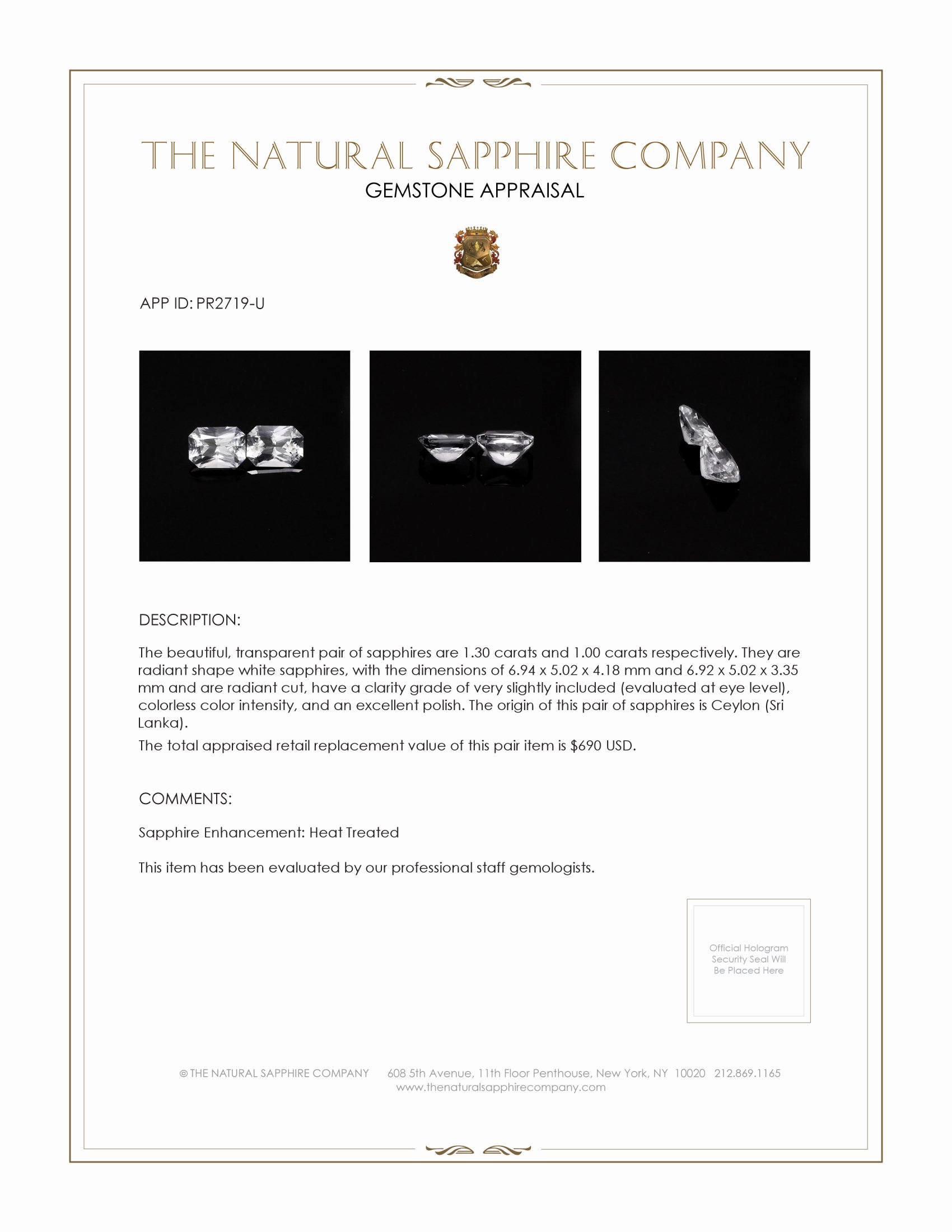 2.30 Ct.Tw. White Sapphire Pair from Ceylon (Sri Lanka)