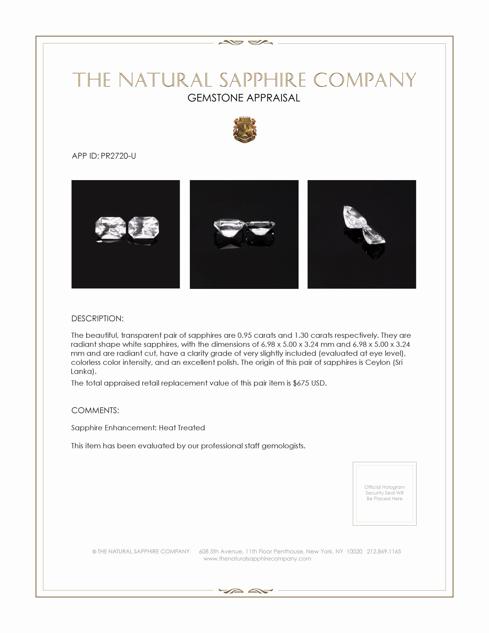 2.25 Ct.Tw. White Sapphire Pair from Ceylon (Sri Lanka)