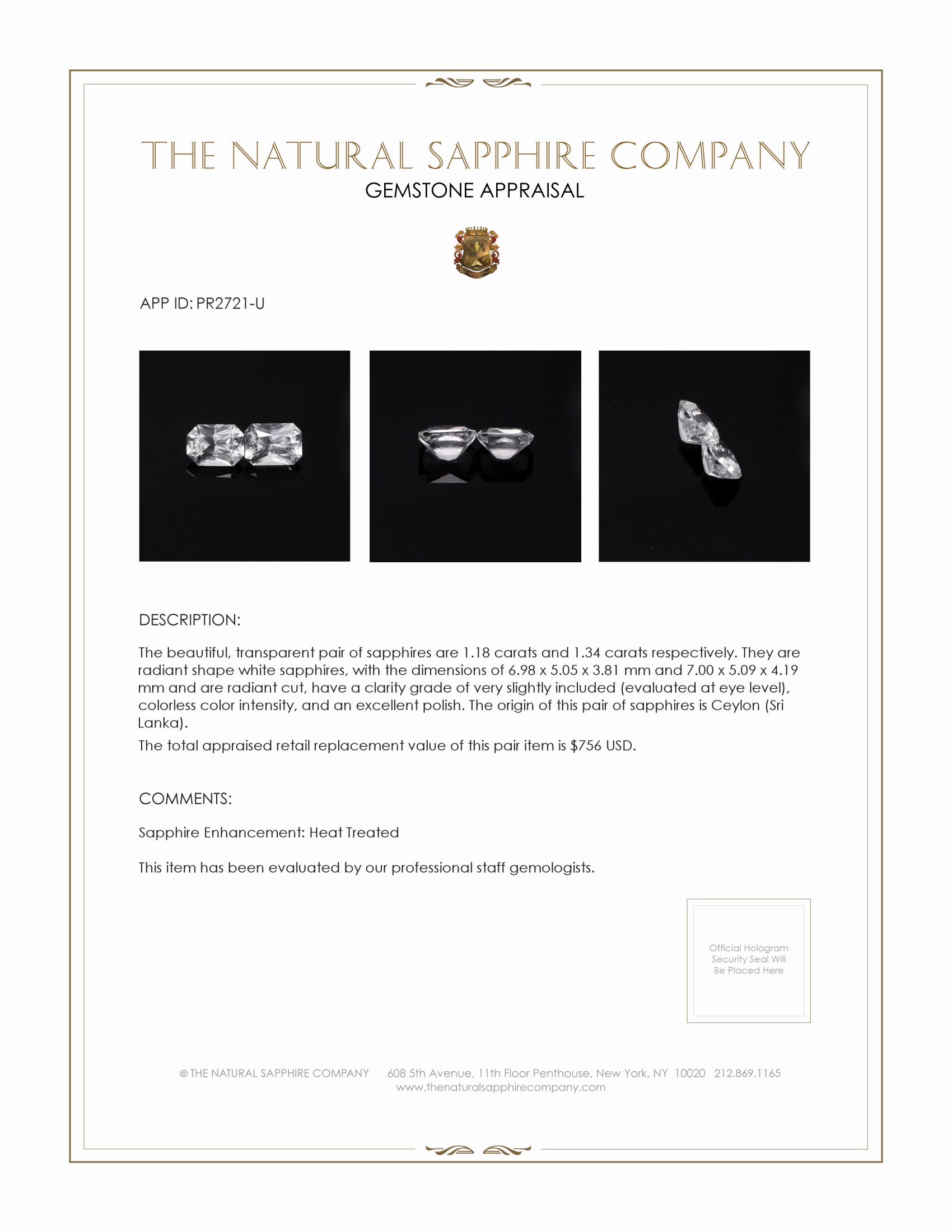 2.52 Ct.Tw. White Sapphire Pair from Ceylon (Sri Lanka)