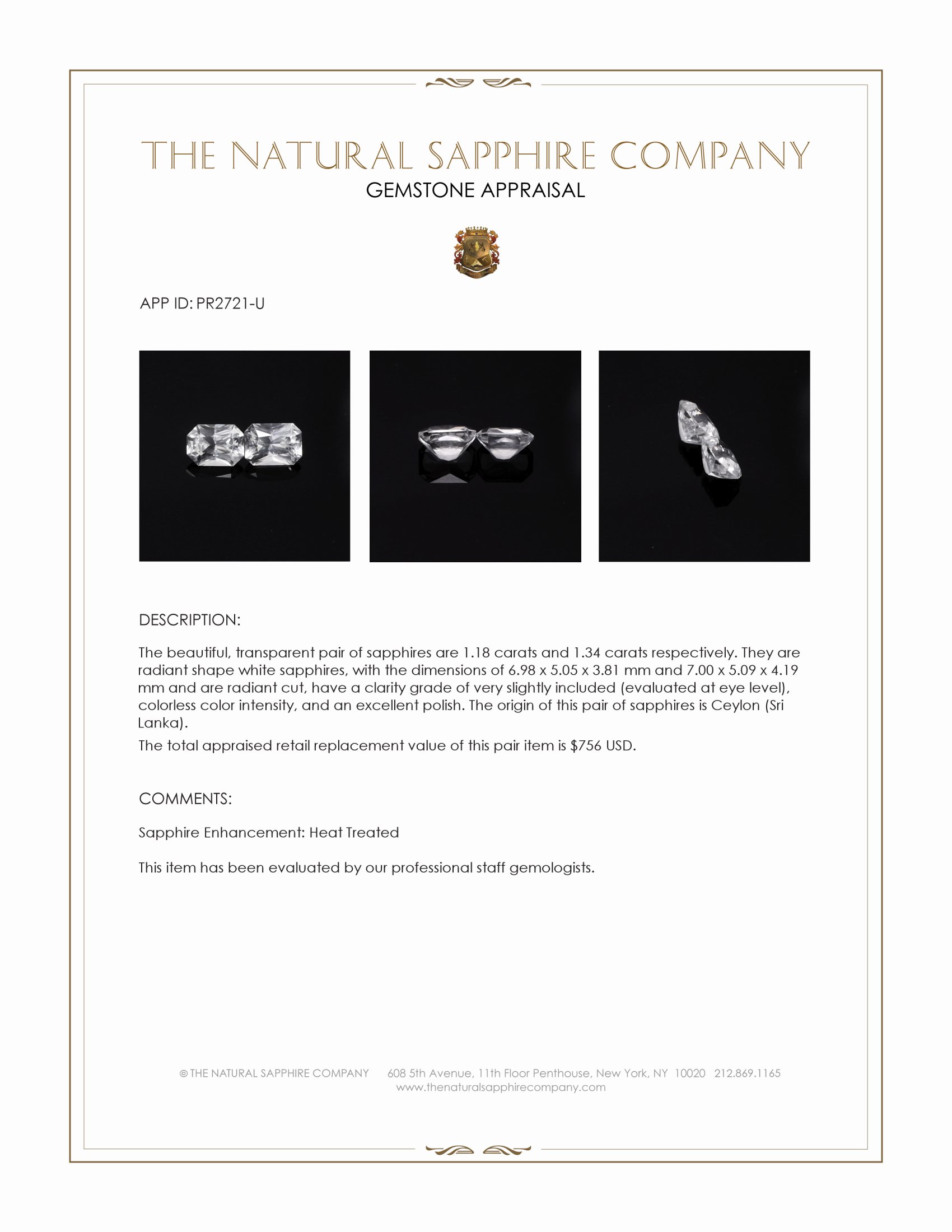 2.52 Ct.Tw. White Sapphire Pair from Ceylon (Sri Lanka)