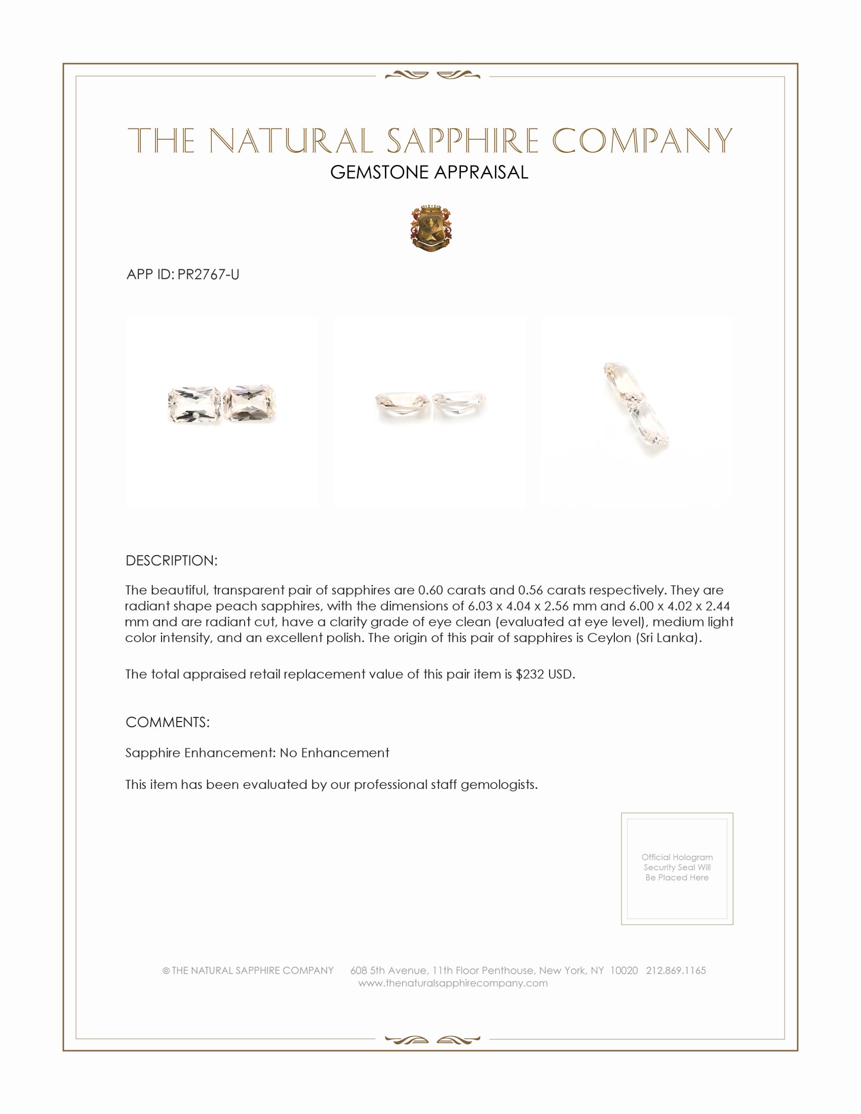 1.16 Ct.Tw. Peach Sapphire Pair from Ceylon (Sri Lanka)