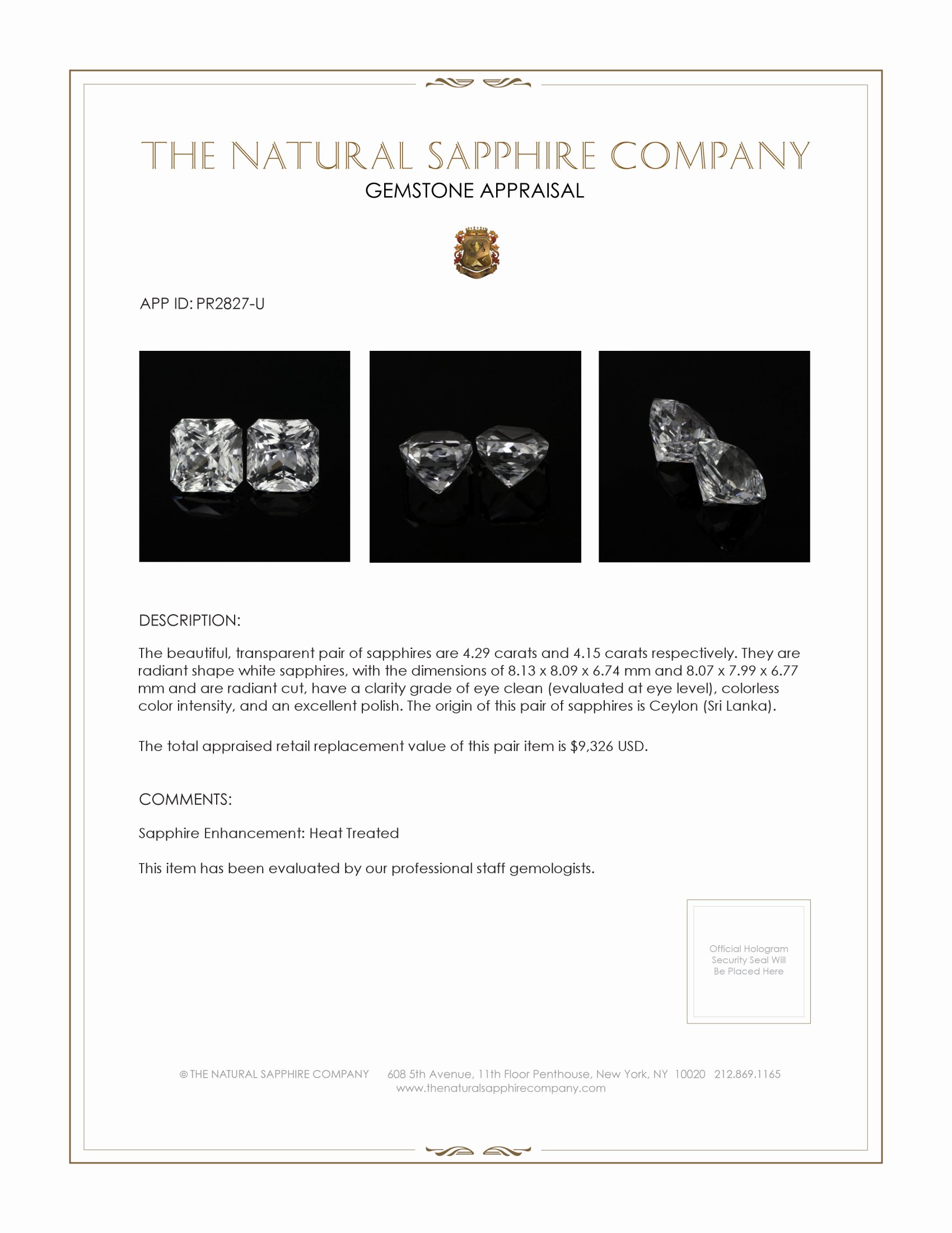 8.44 Ct.Tw. White Sapphire Pair from Ceylon (Sri Lanka)