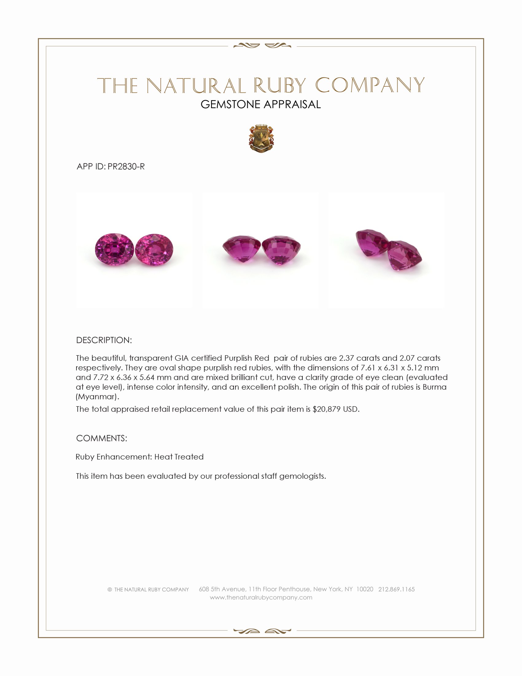 4.44 Ct.Tw. Purplish Red Ruby Pair from Burma (Myanmar)