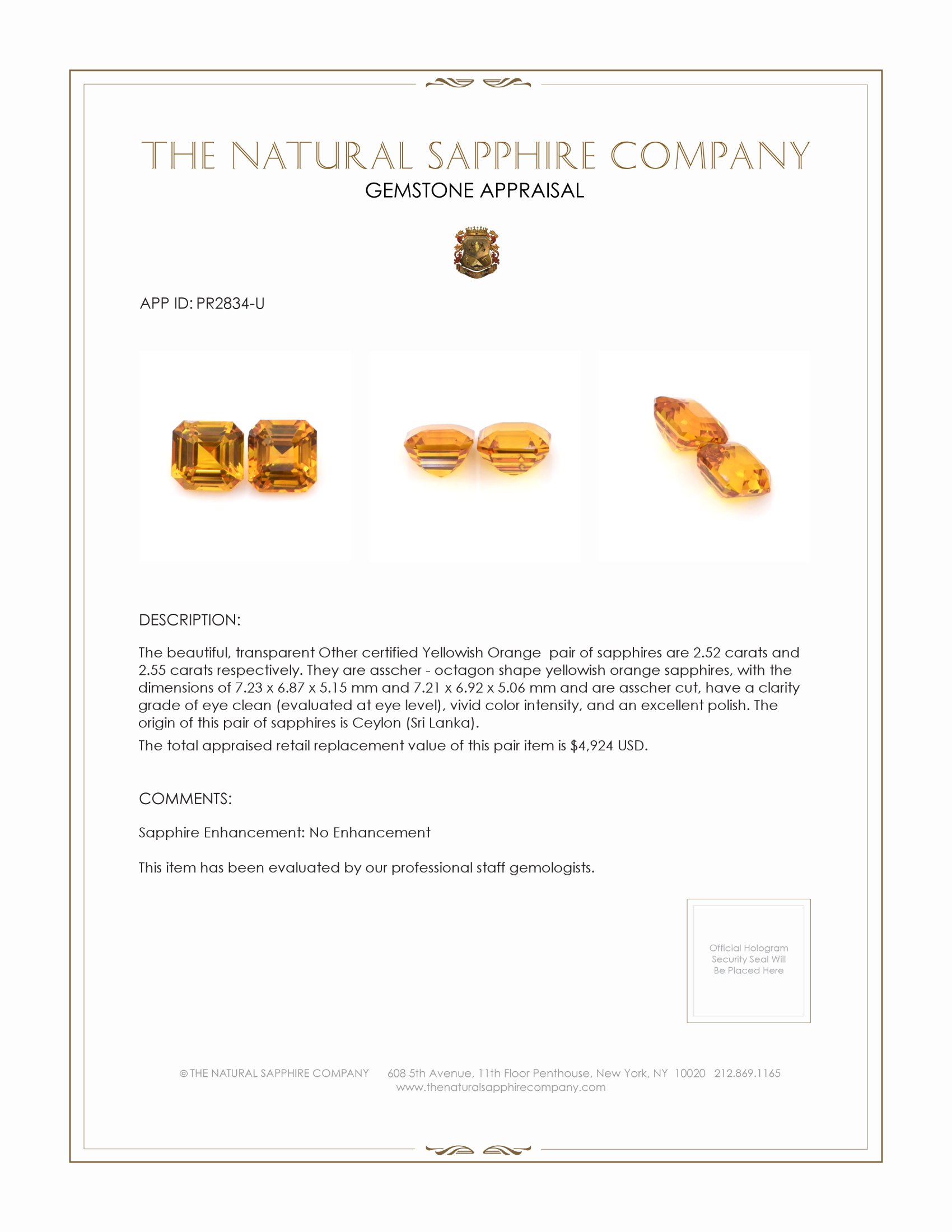 5.07 Ct.Tw. Yellowish Orange Sapphire Pair from Ceylon (Sri Lanka)