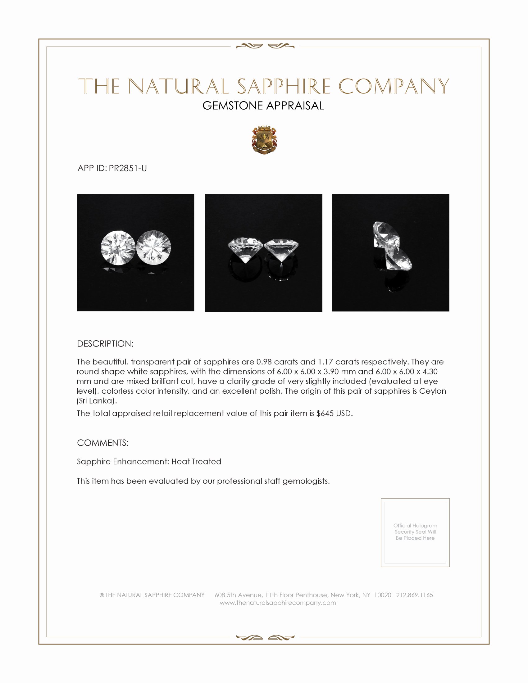 2.15 Ct.Tw. White Sapphire Pair from Ceylon (Sri Lanka)