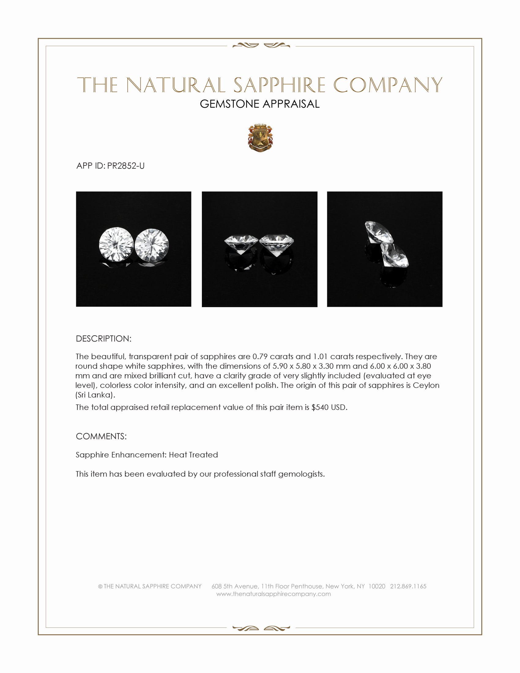 1.80 Ct.Tw. White Sapphire Pair from Ceylon (Sri Lanka)