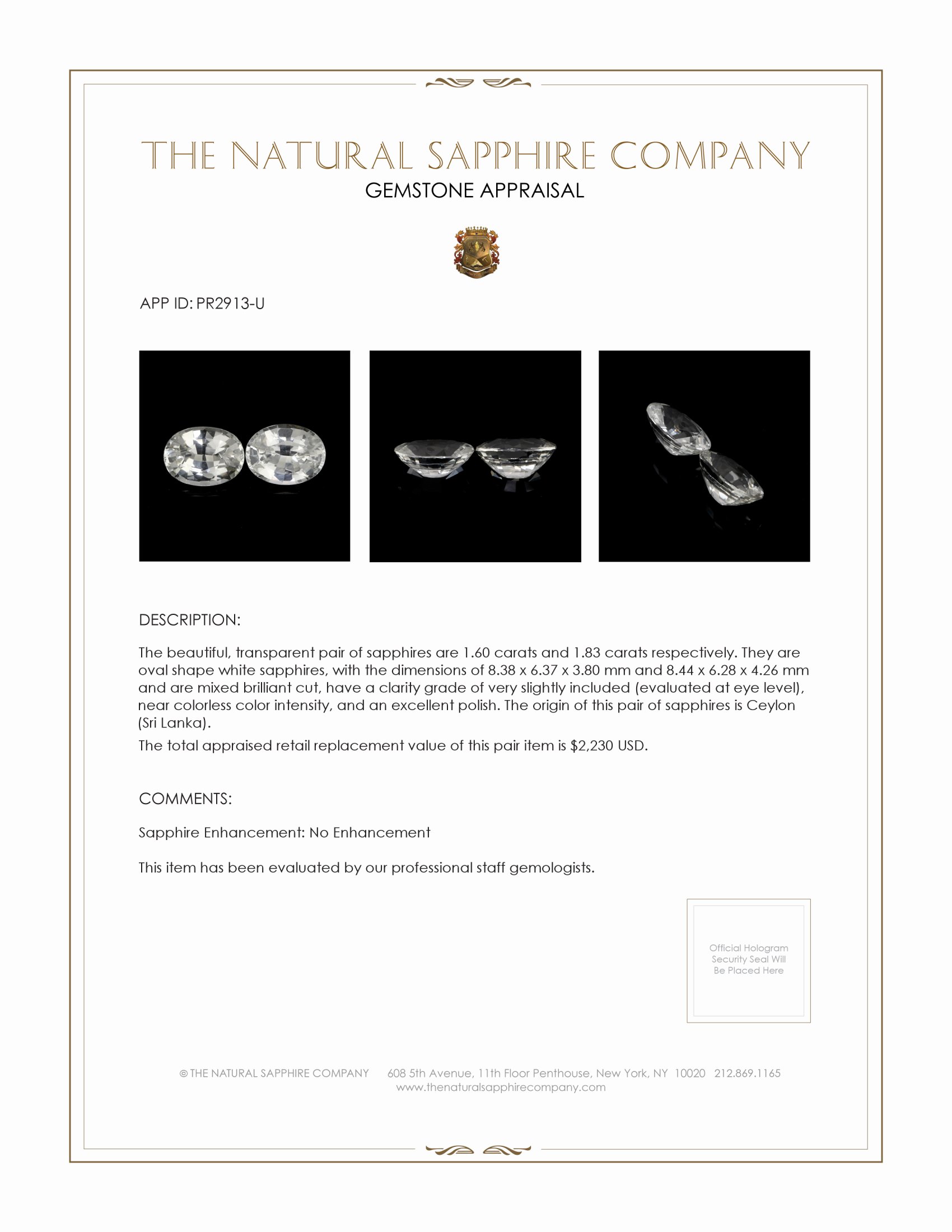 3.43 Ct.Tw. White Sapphire Pair from Ceylon (Sri Lanka)