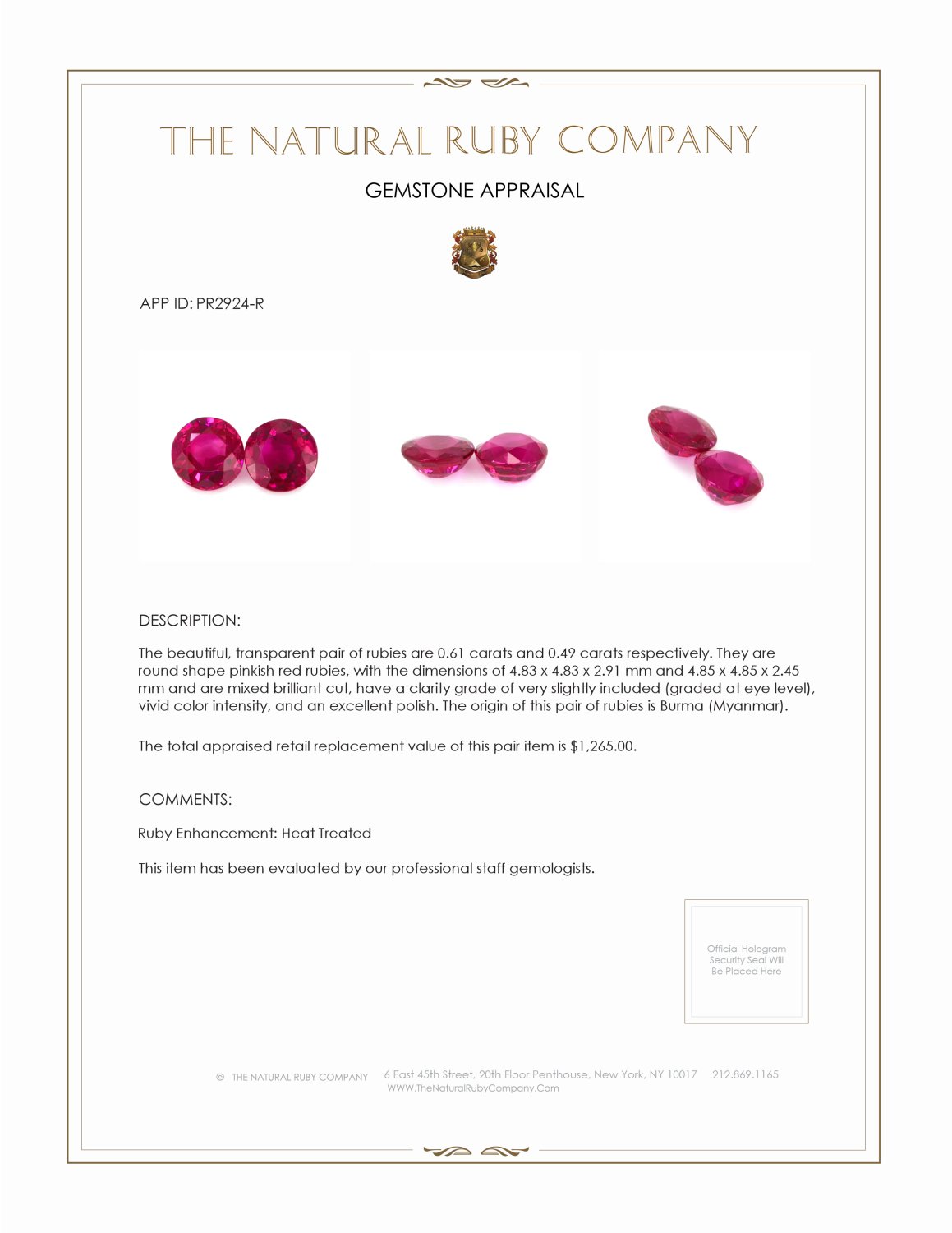 1.10 Ct.Tw. Ruby Pair from Burma (Myanmar)