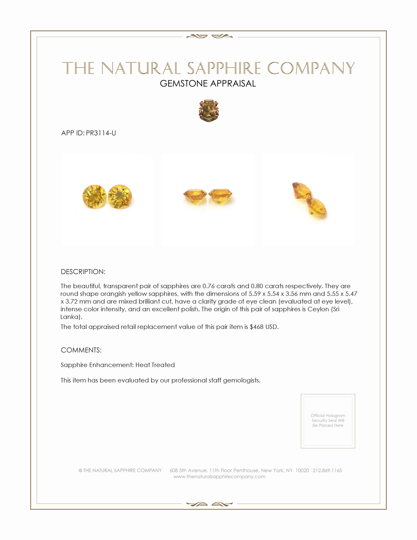 1.56 Ct.Tw. Orangish Yellow Sapphire Pair from Ceylon (Sri Lanka)