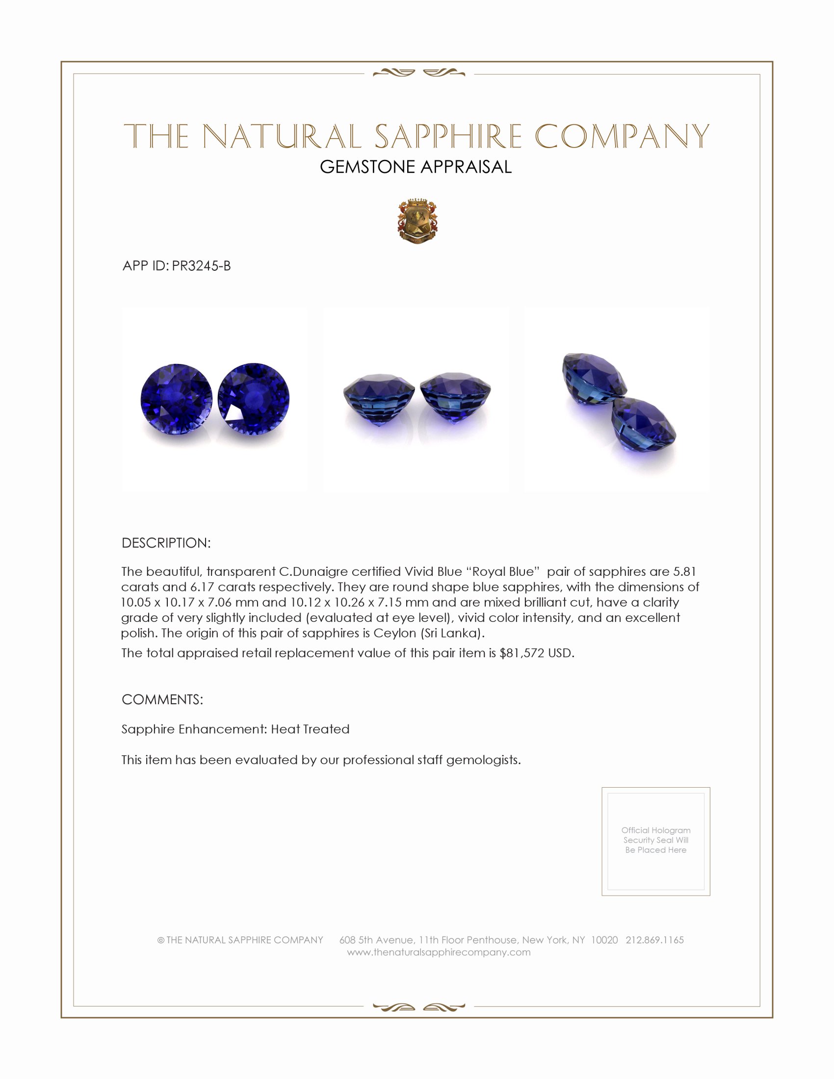 11.98 Ct.Tw. Blue Sapphire Pair from Ceylon (Sri Lanka)