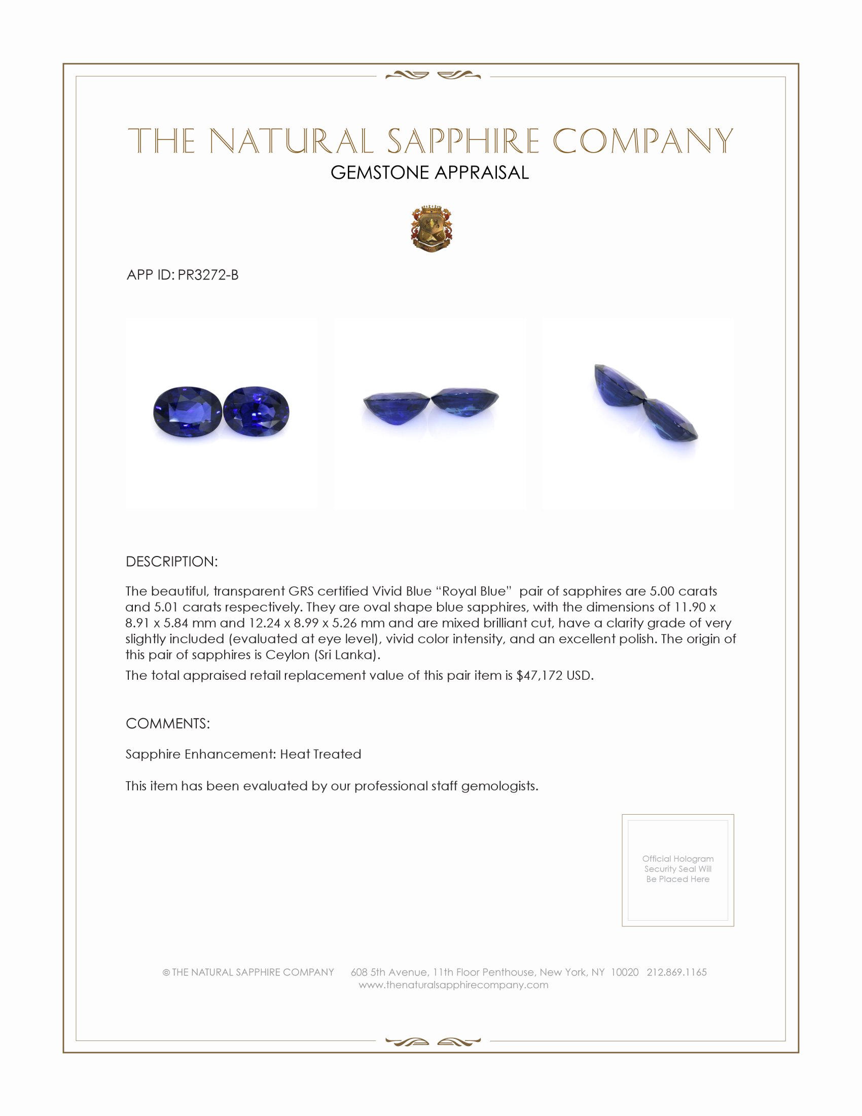 10.01 Ct.Tw. Blue Sapphire Pair from Ceylon (Sri Lanka)
