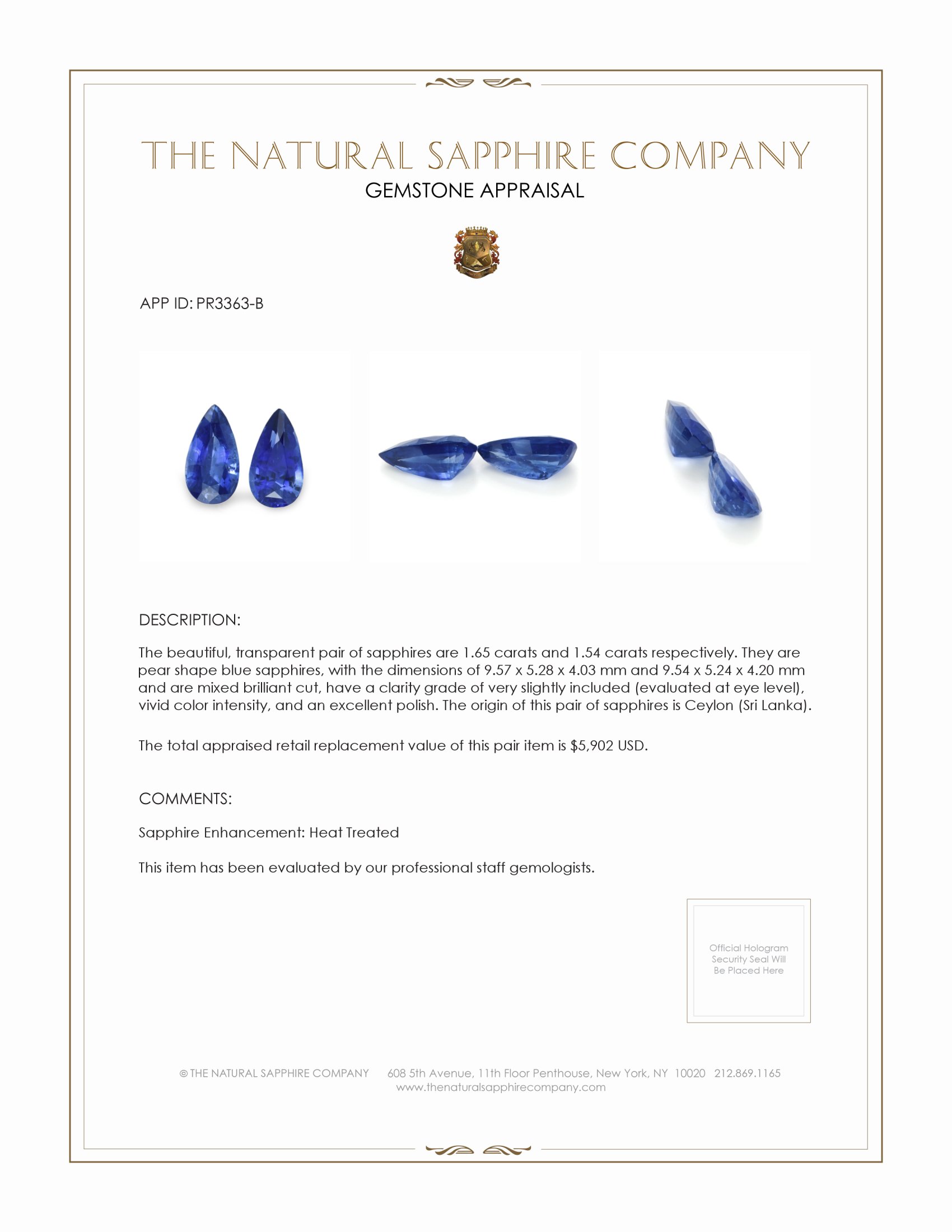 3.19 Ct.Tw. Blue Sapphire Pair from Ceylon (Sri Lanka)