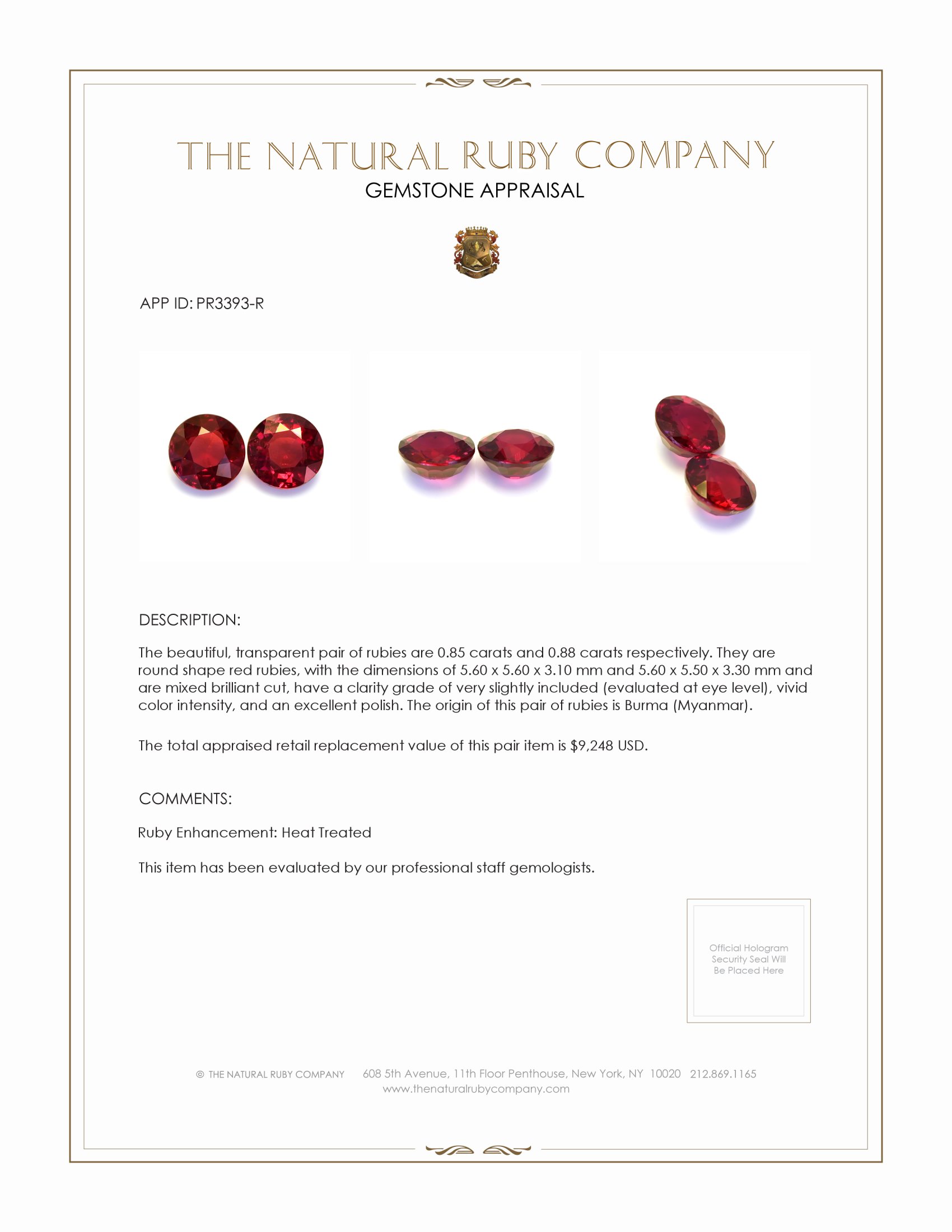 1.73 Ct.Tw. Ruby Pair from Burma (Myanmar)