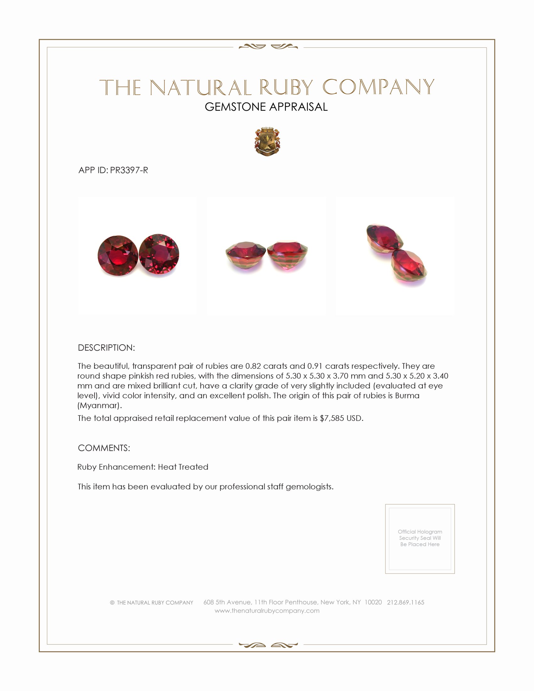1.73 Ct.Tw. Ruby Pair from Burma (Myanmar)