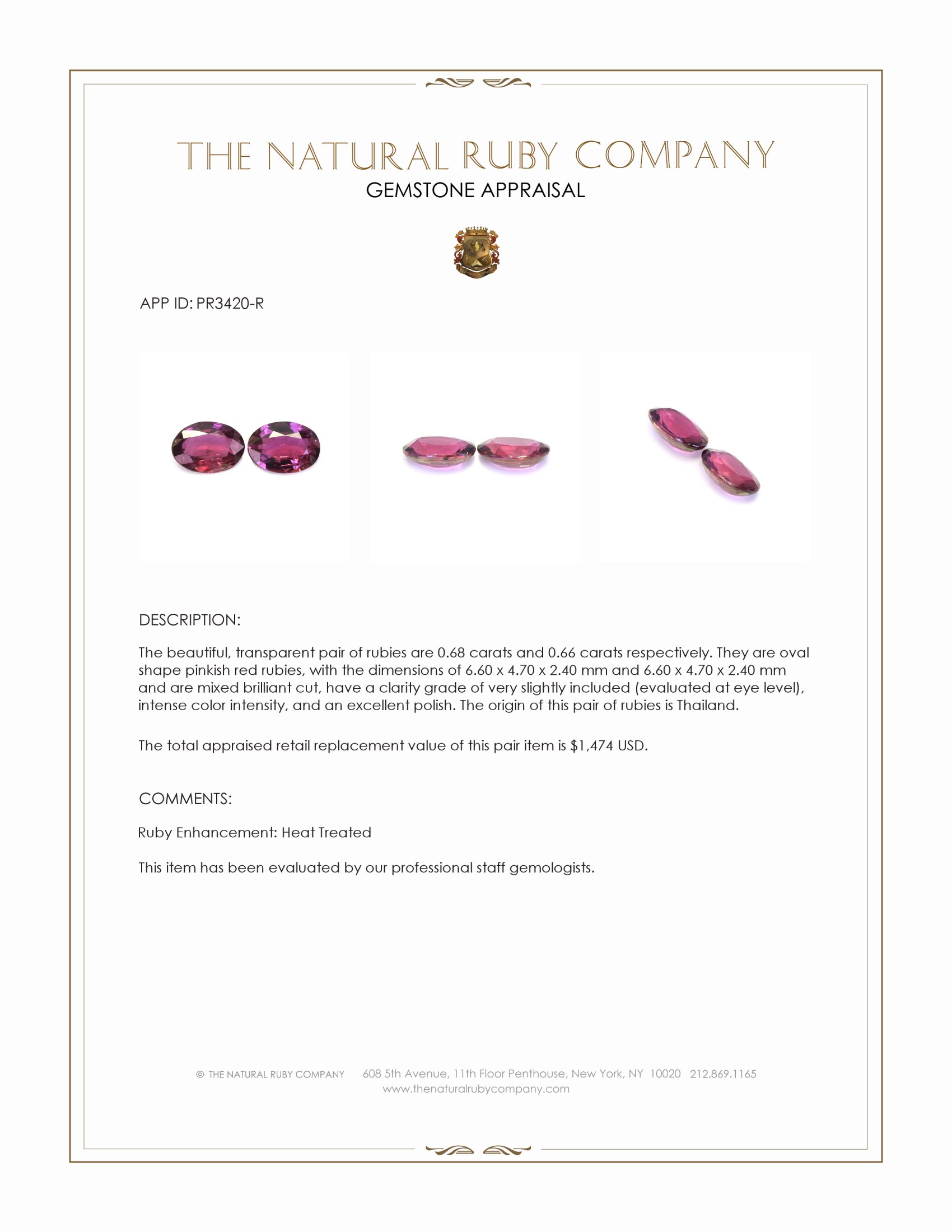 1.34 Ct.Tw. Pinkish Red Ruby Pair from Thailand
