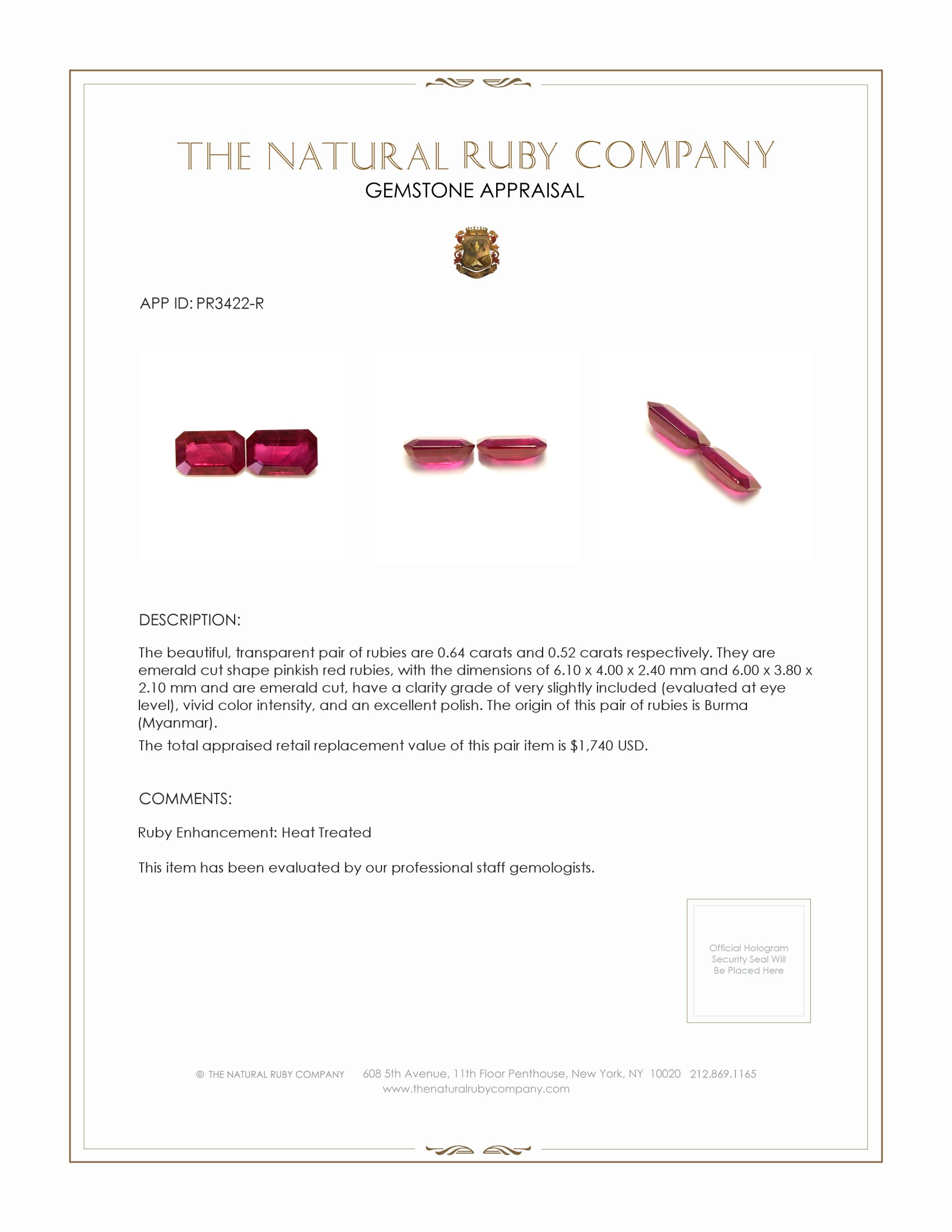 1.16 Ct.Tw. Ruby Pair from Burma (Myanmar)