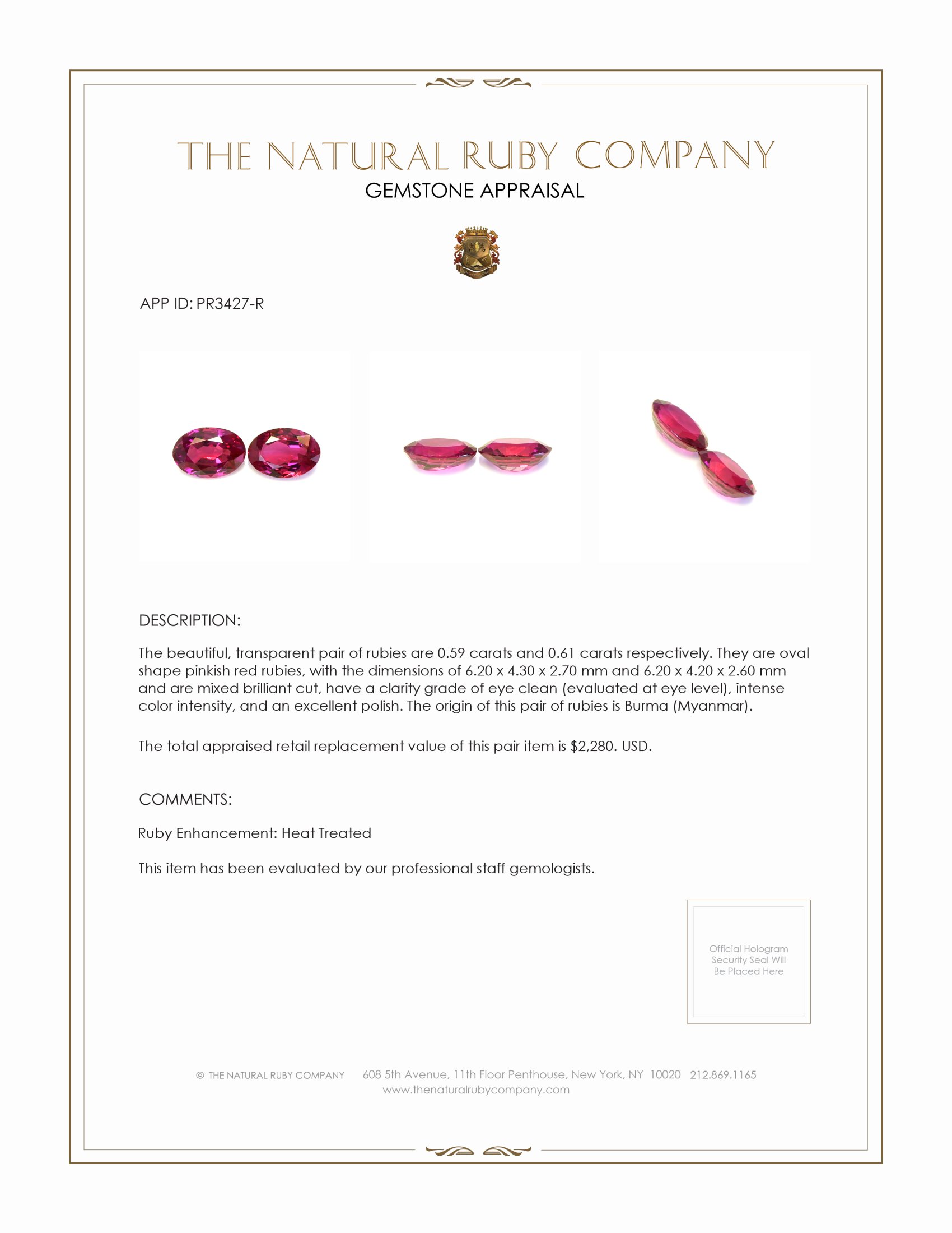 1.20 Ct.Tw. Ruby Pair from Burma (Myanmar)