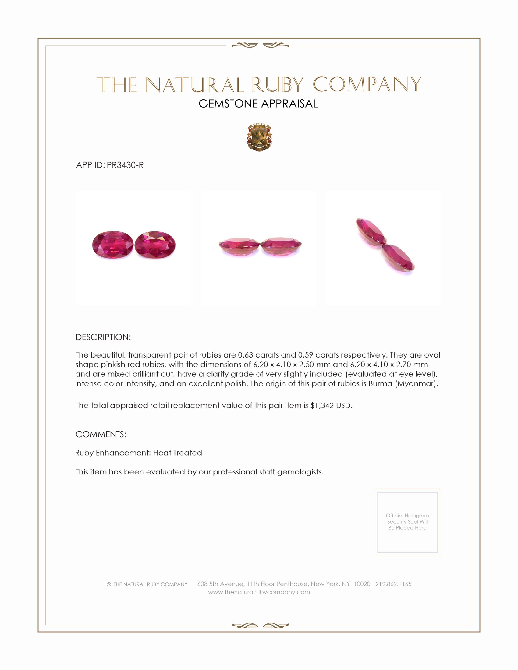 1.22 Ct.Tw. Ruby Pair from Burma (Myanmar)