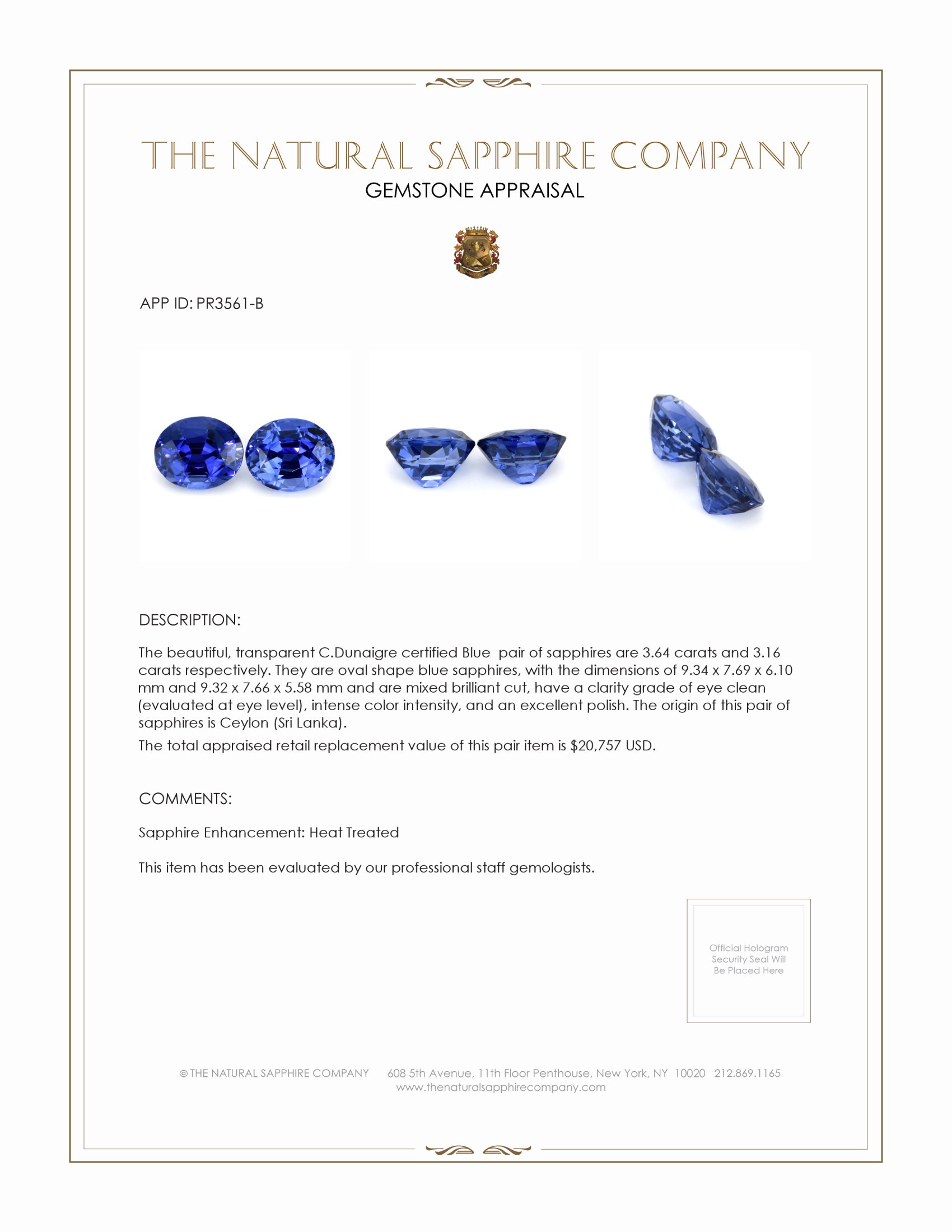 6.80 Ct.Tw. Blue Sapphire Pair from Ceylon (Sri Lanka)