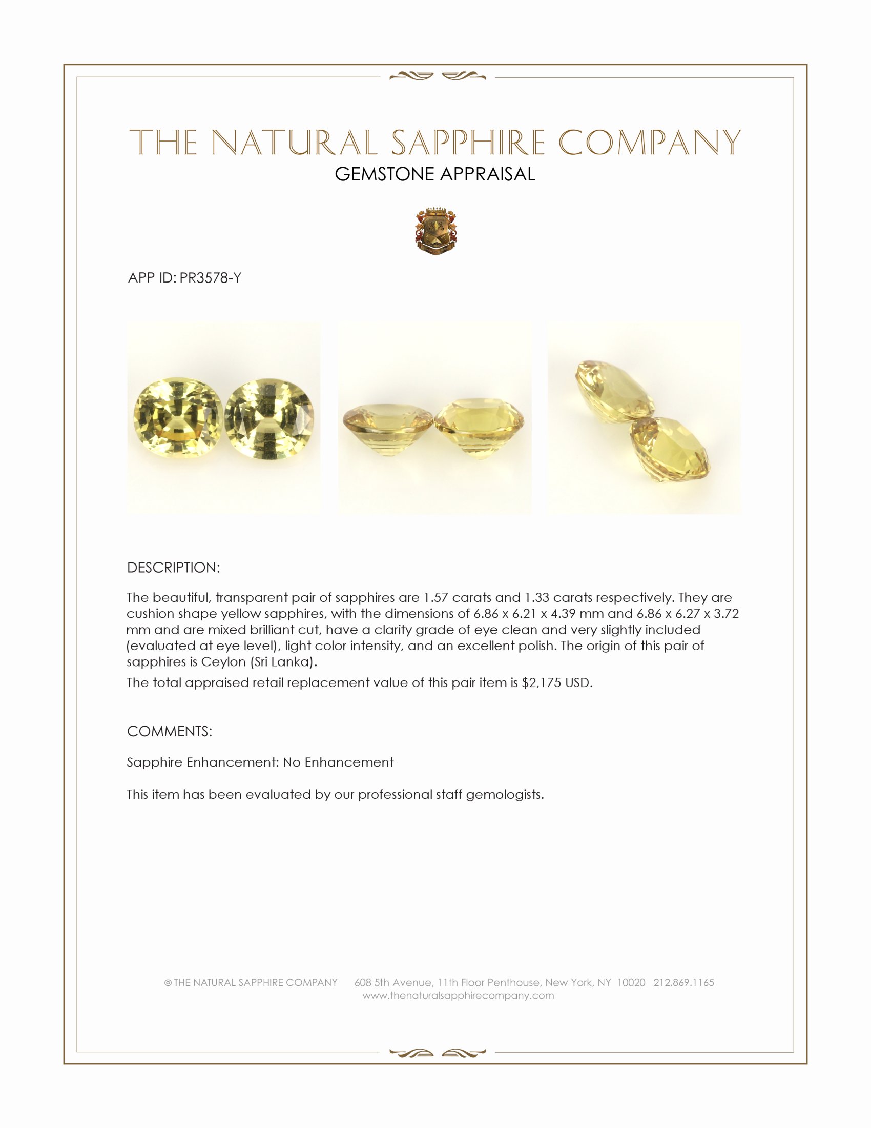 2.90 Ct.Tw. Yellow Sapphire Pair from Ceylon (Sri Lanka)