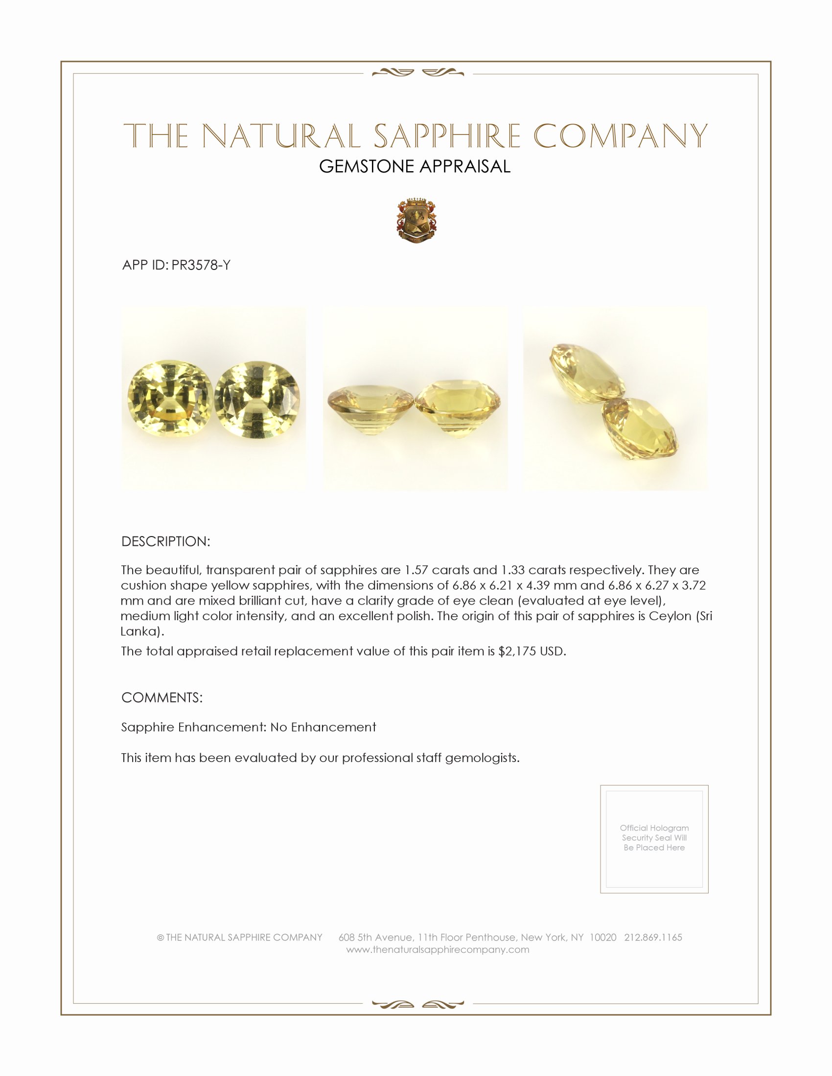 2.90 Ct.Tw. Yellow Sapphire Pair from Ceylon (Sri Lanka)