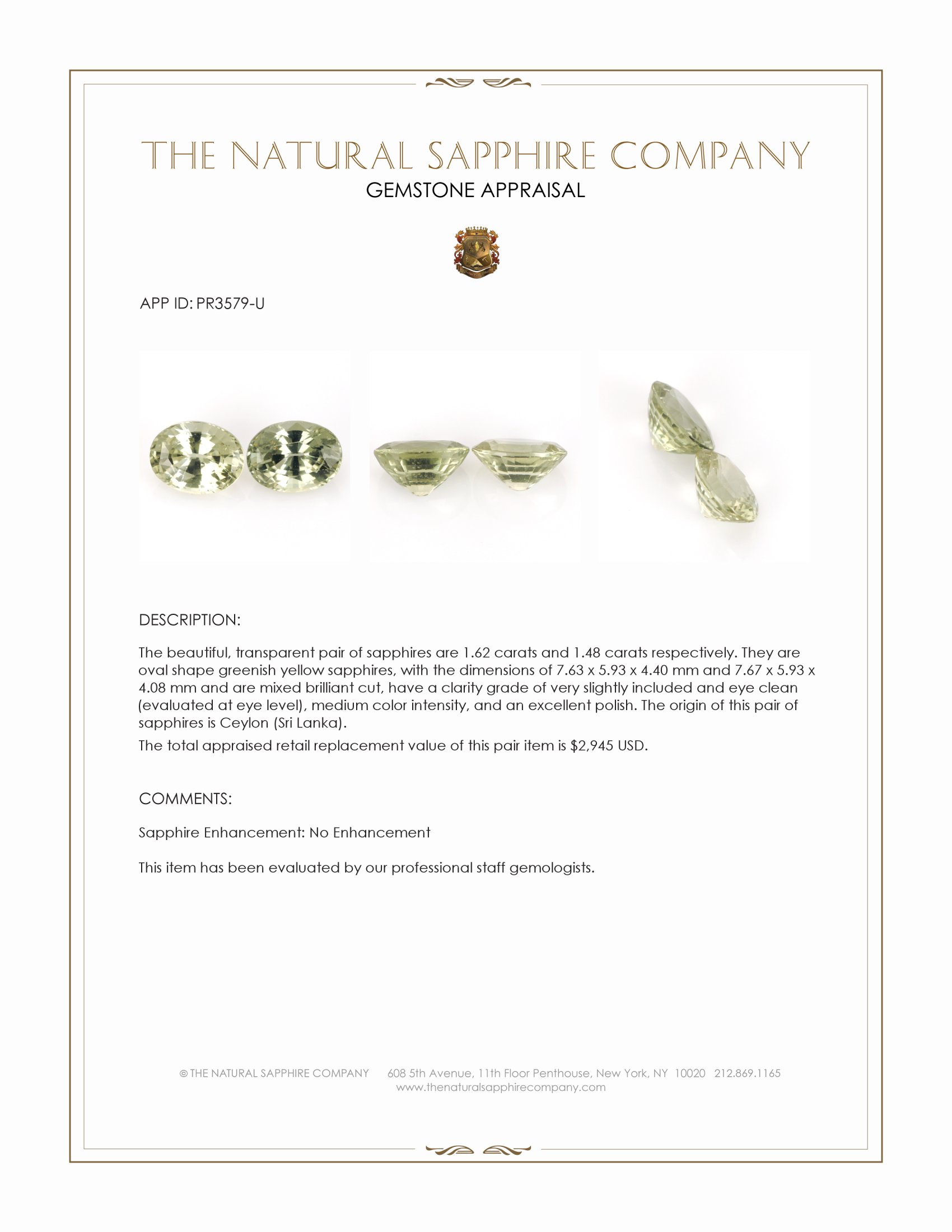 3.10 Ct.Tw. Greenish Yellow Sapphire Pair from Ceylon (Sri Lanka)