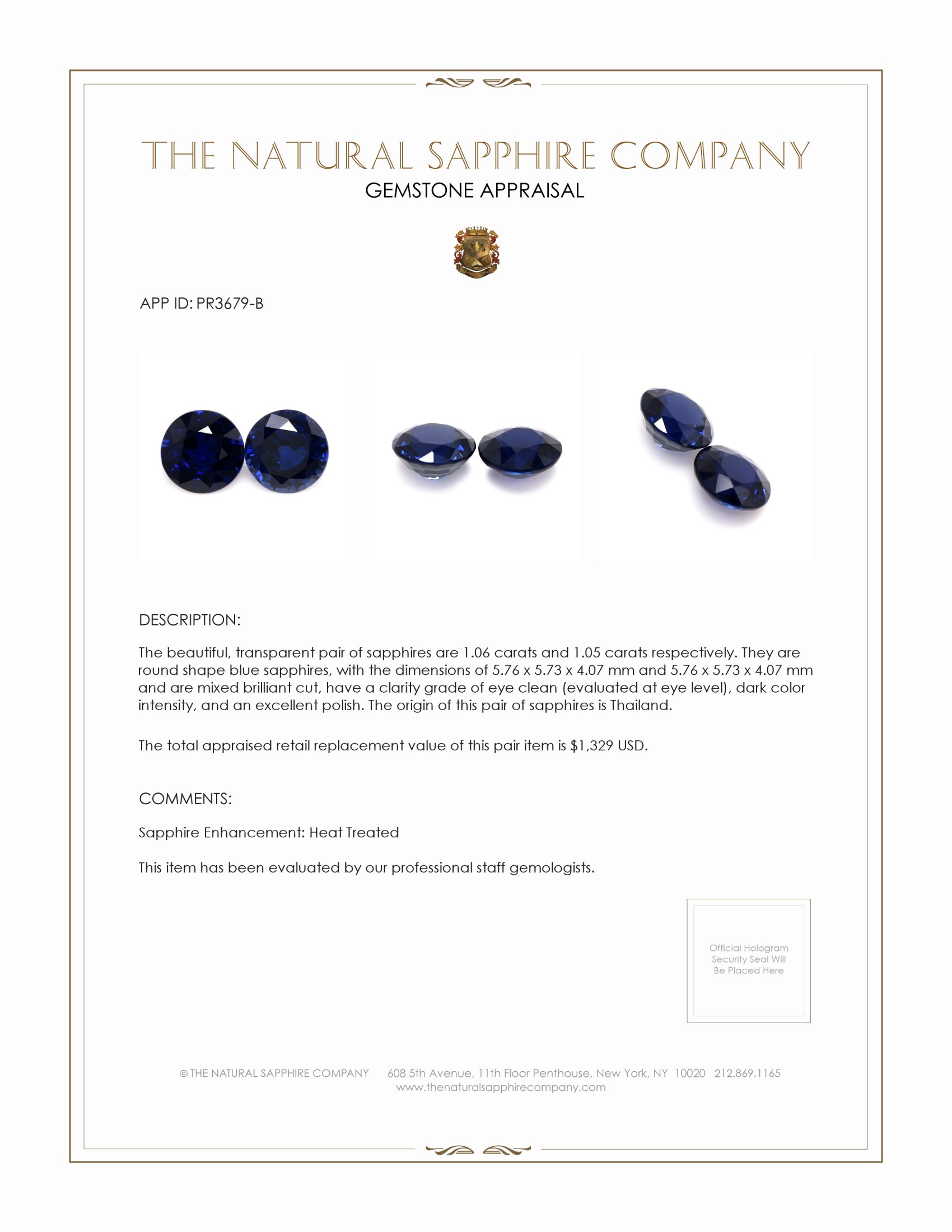 2.11 Ct.Tw. Blue Sapphire Pair from Thailand