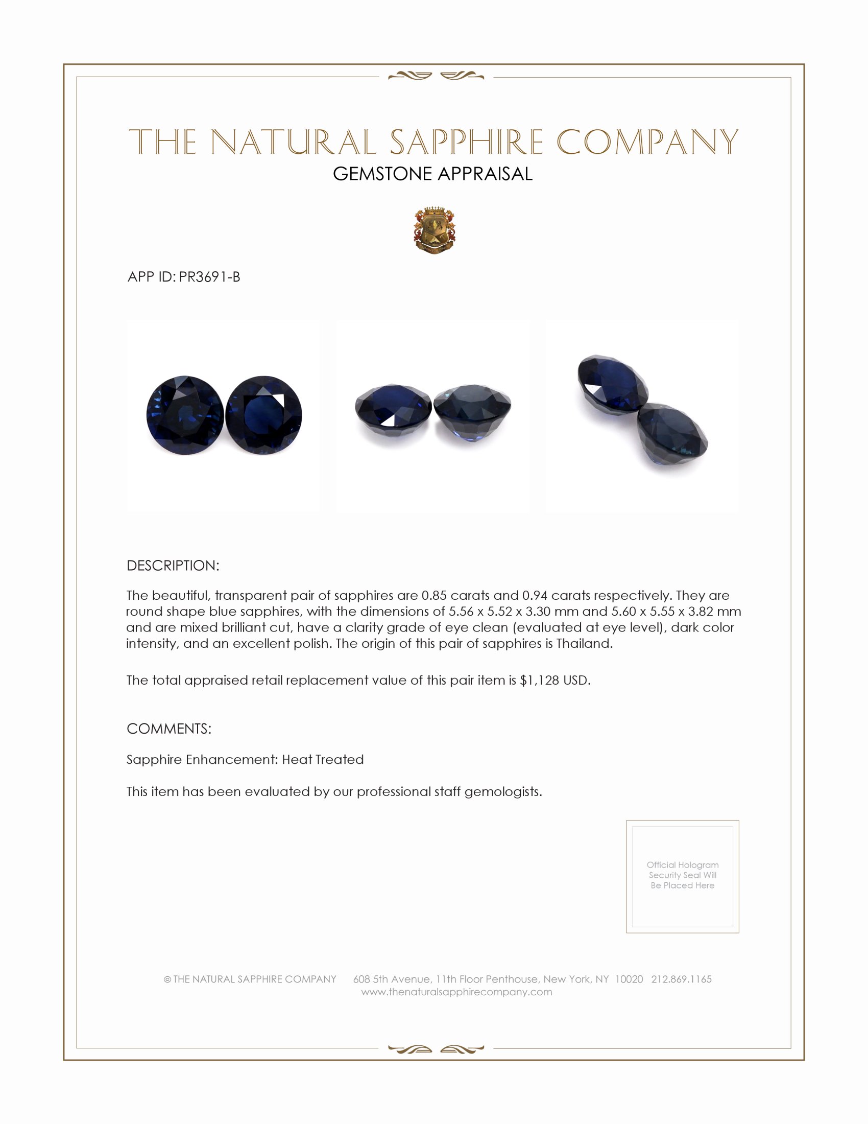 1.79 Ct.Tw. Blue Sapphire Pair from Thailand