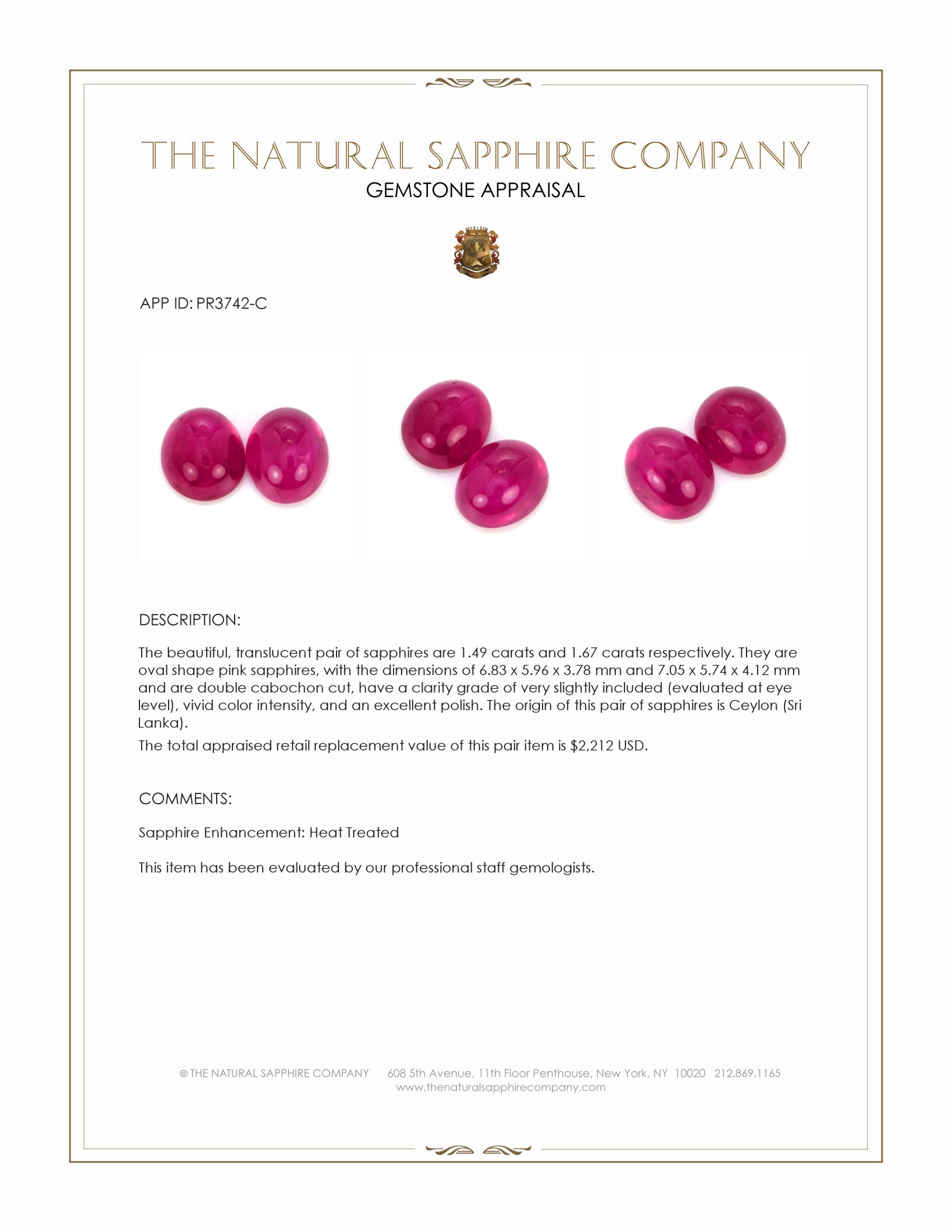 3.16 Ct.Tw. Pink Cabochon Sapphire Pair from Ceylon (Sri Lanka)
