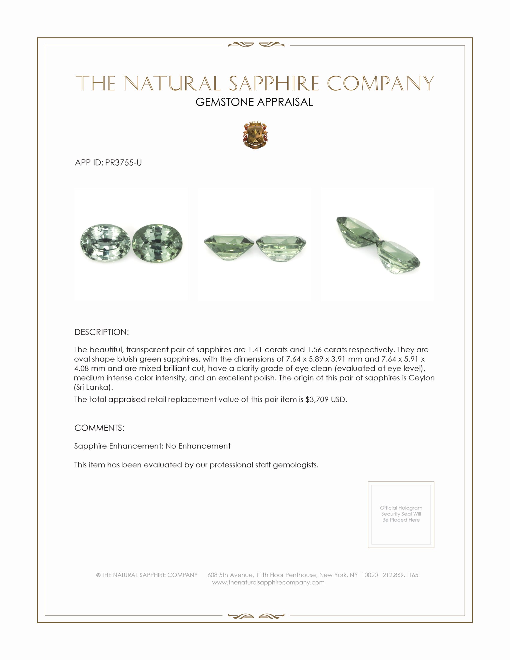 2.97 Ct.Tw. Bluish Green Sapphire Pair from Ceylon (Sri Lanka)