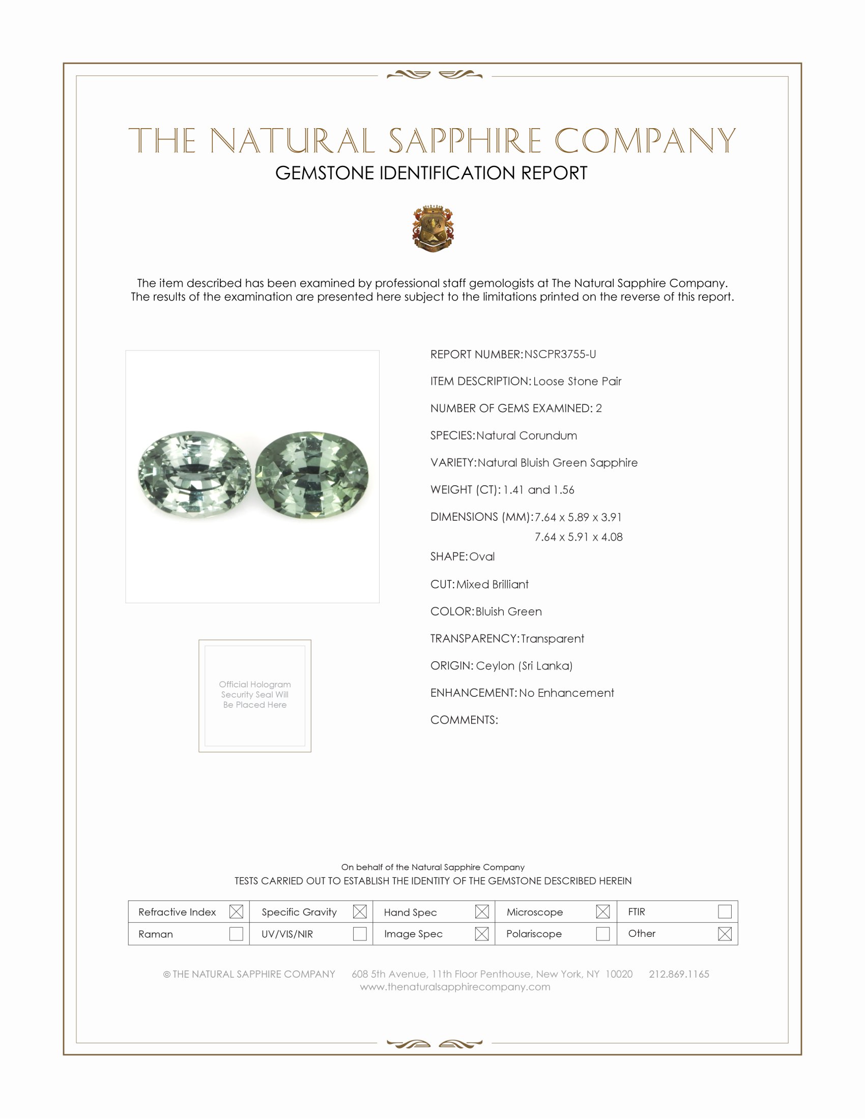 2.97 Ct.Tw. Bluish Green Sapphire Pair from Ceylon (Sri Lanka)