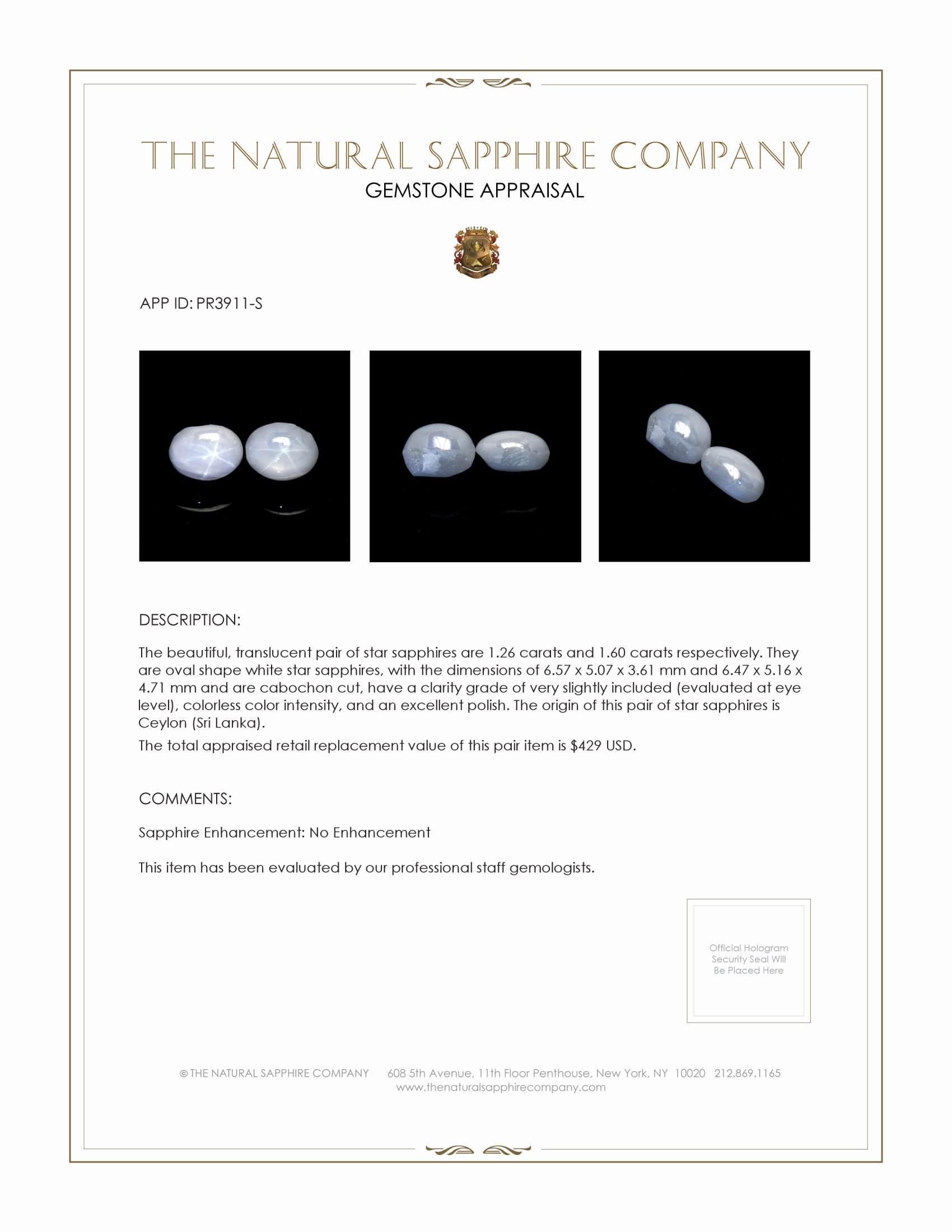 2.86 Ct.Tw. White Star Sapphire Pair from Ceylon (Sri Lanka)