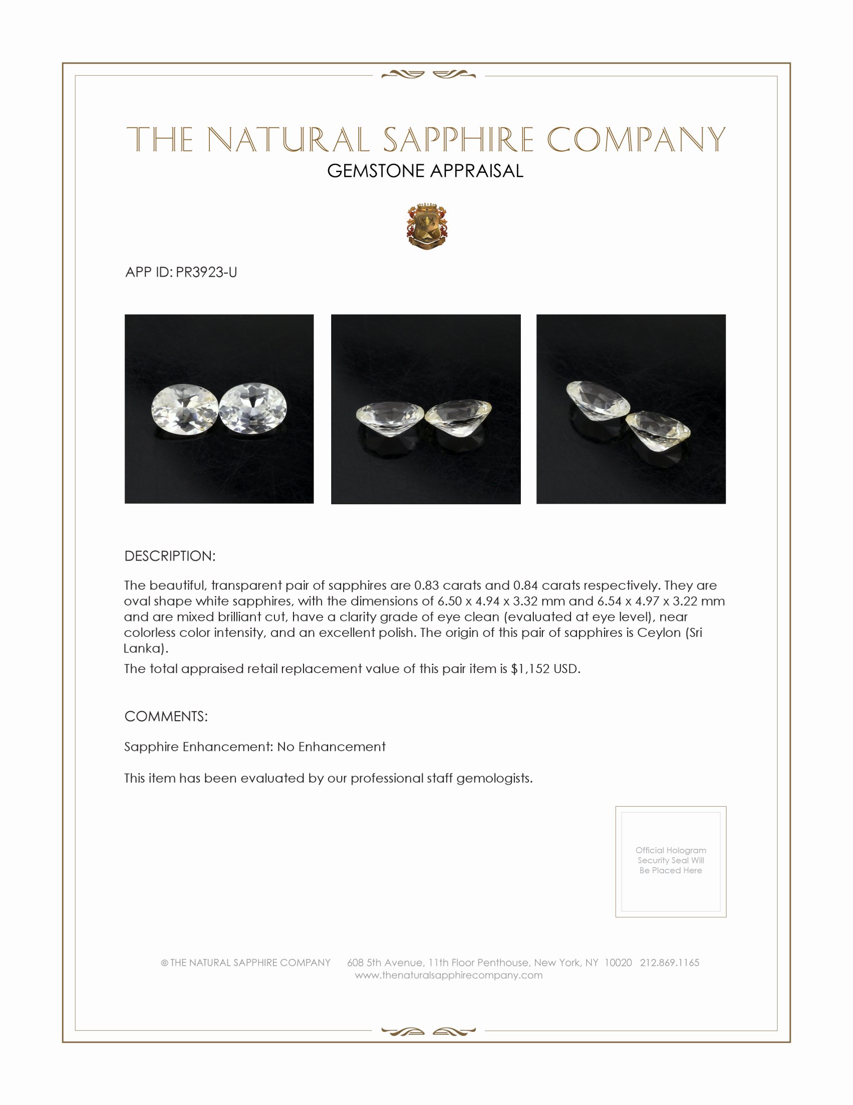 1.67 Ct.Tw. White Sapphire Pair from Ceylon (Sri Lanka)