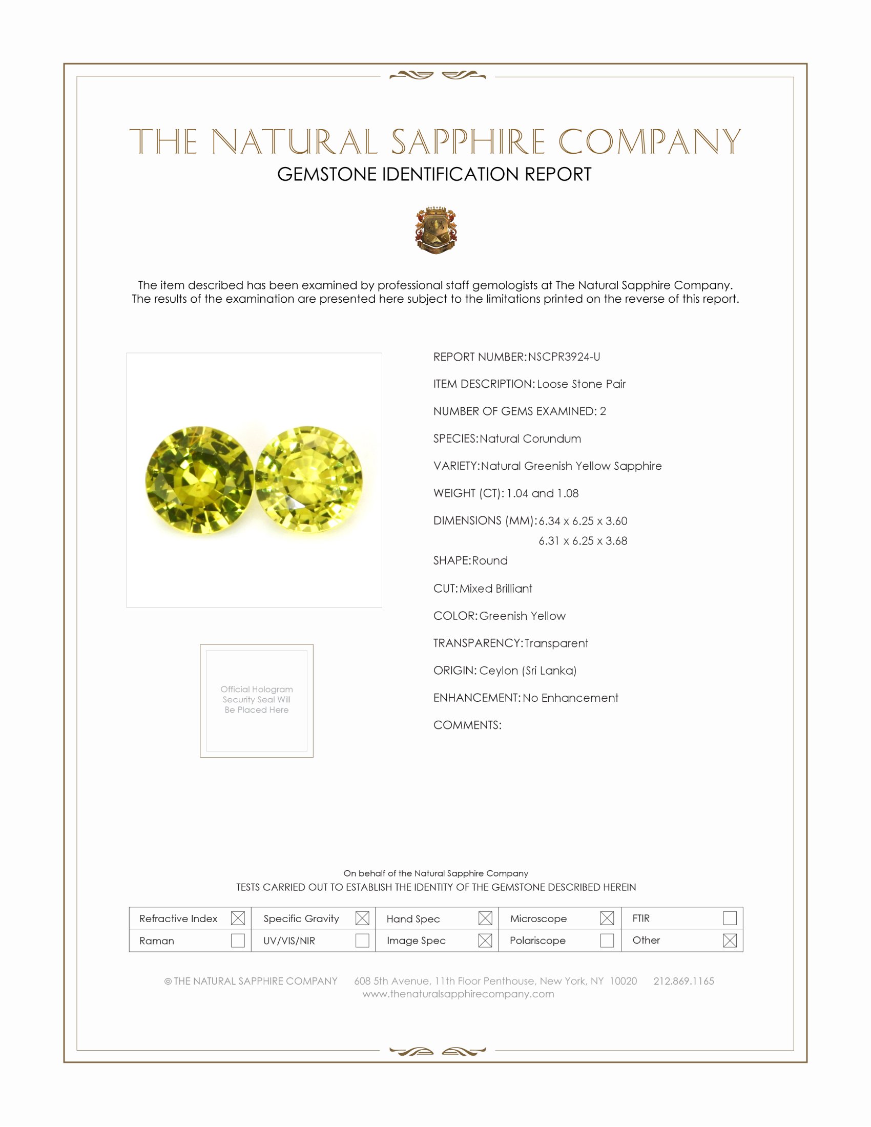 2.12 Ct.Tw. Greenish Yellow Sapphire Pair from Ceylon (Sri Lanka)