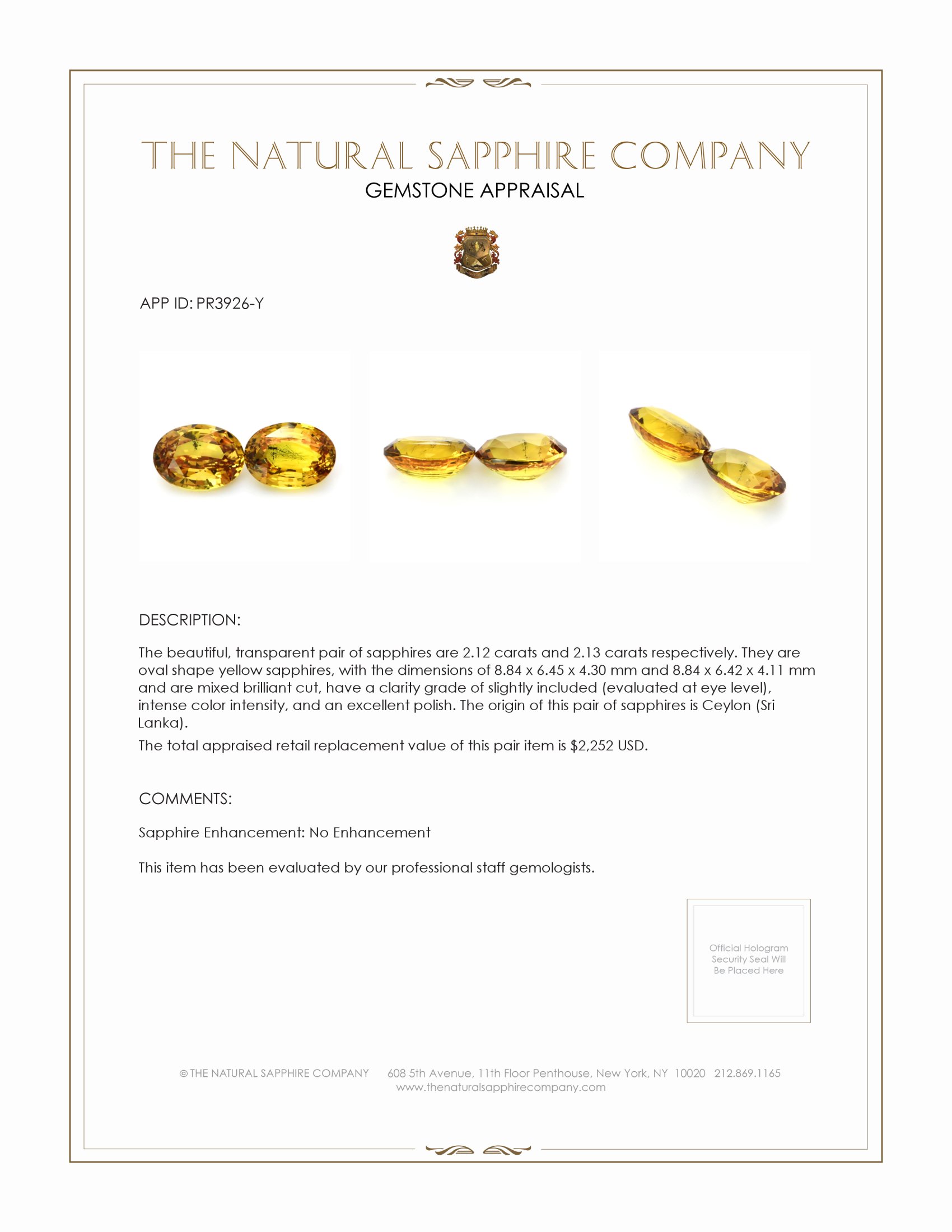 4.25 Ct.Tw. Yellow Sapphire Pair from Ceylon (Sri Lanka)