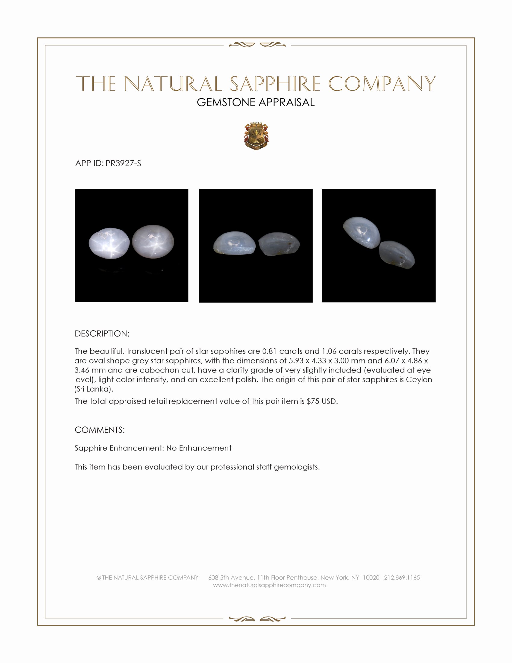 1.87 Ct.Tw. Grey Star Sapphire Pair from Ceylon (Sri Lanka)