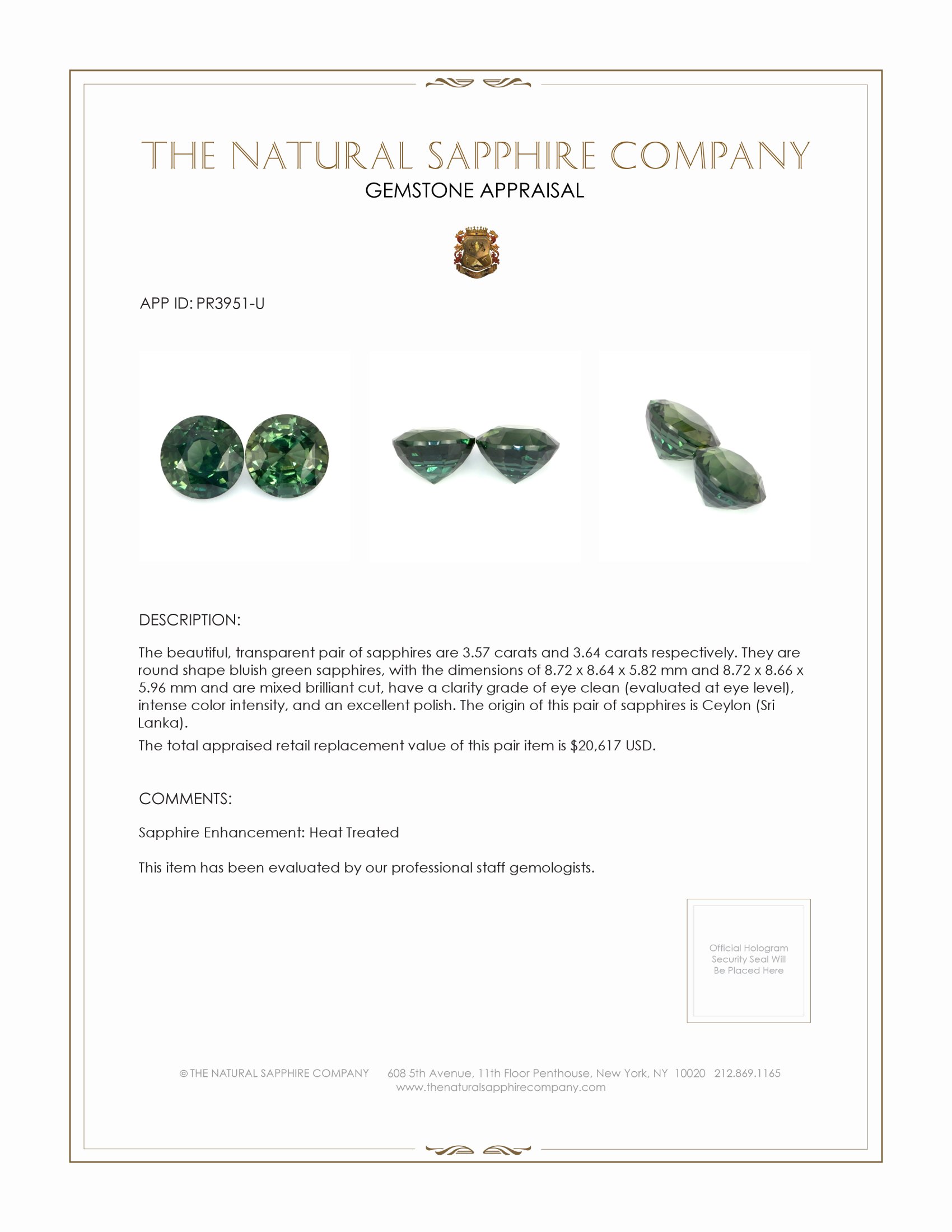 7.21 Ct.Tw. Bluish Green Sapphire Pair from Ceylon (Sri Lanka)