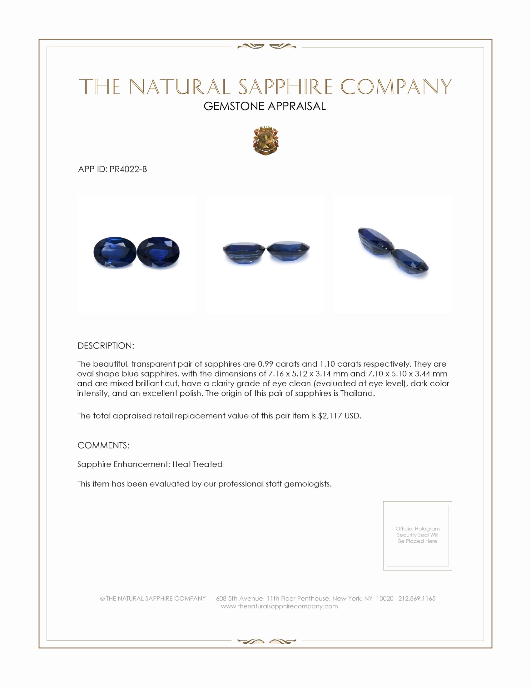 2.09 Ct.Tw. Blue Sapphire Pair from Thailand