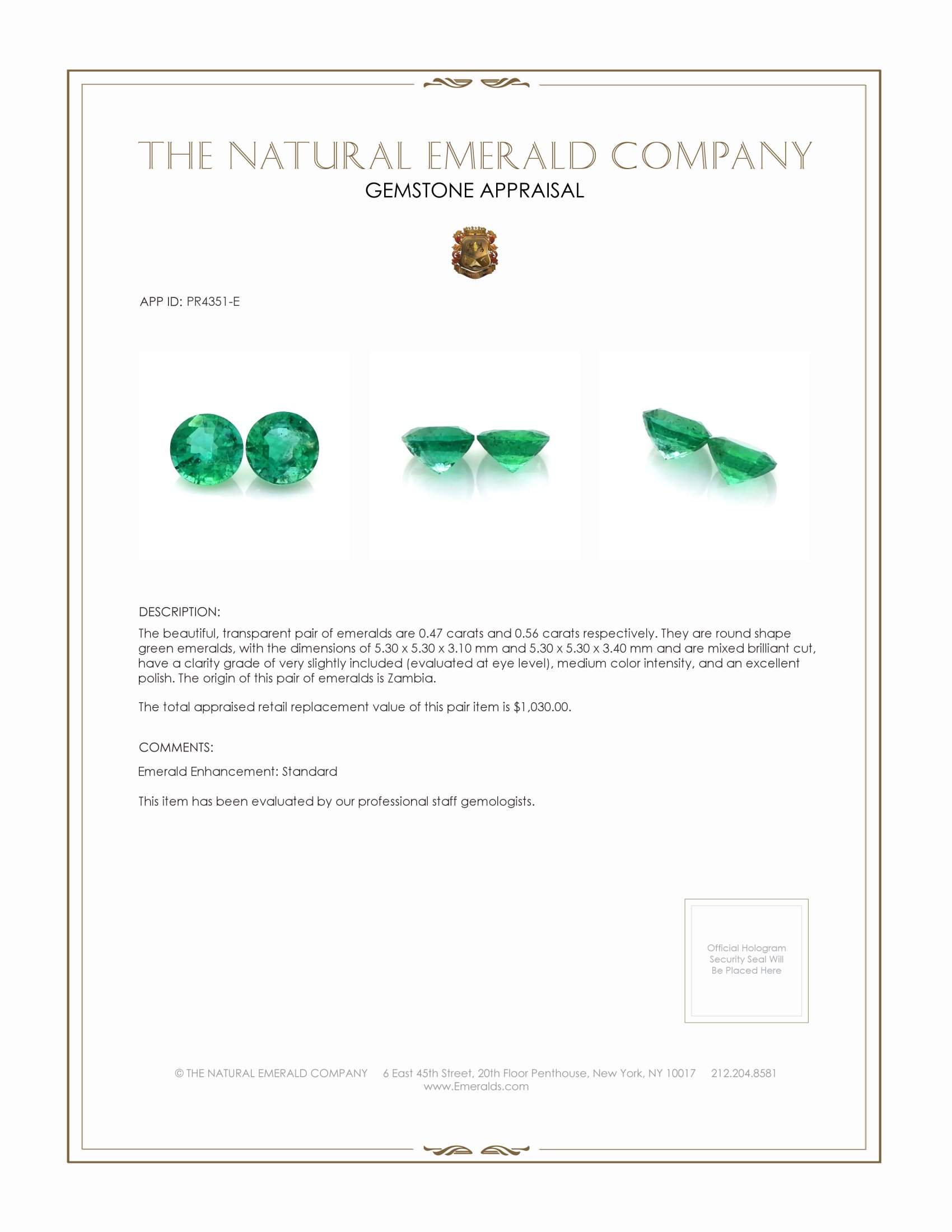 1.03 Ct.Tw. Emerald Pair from Zambia