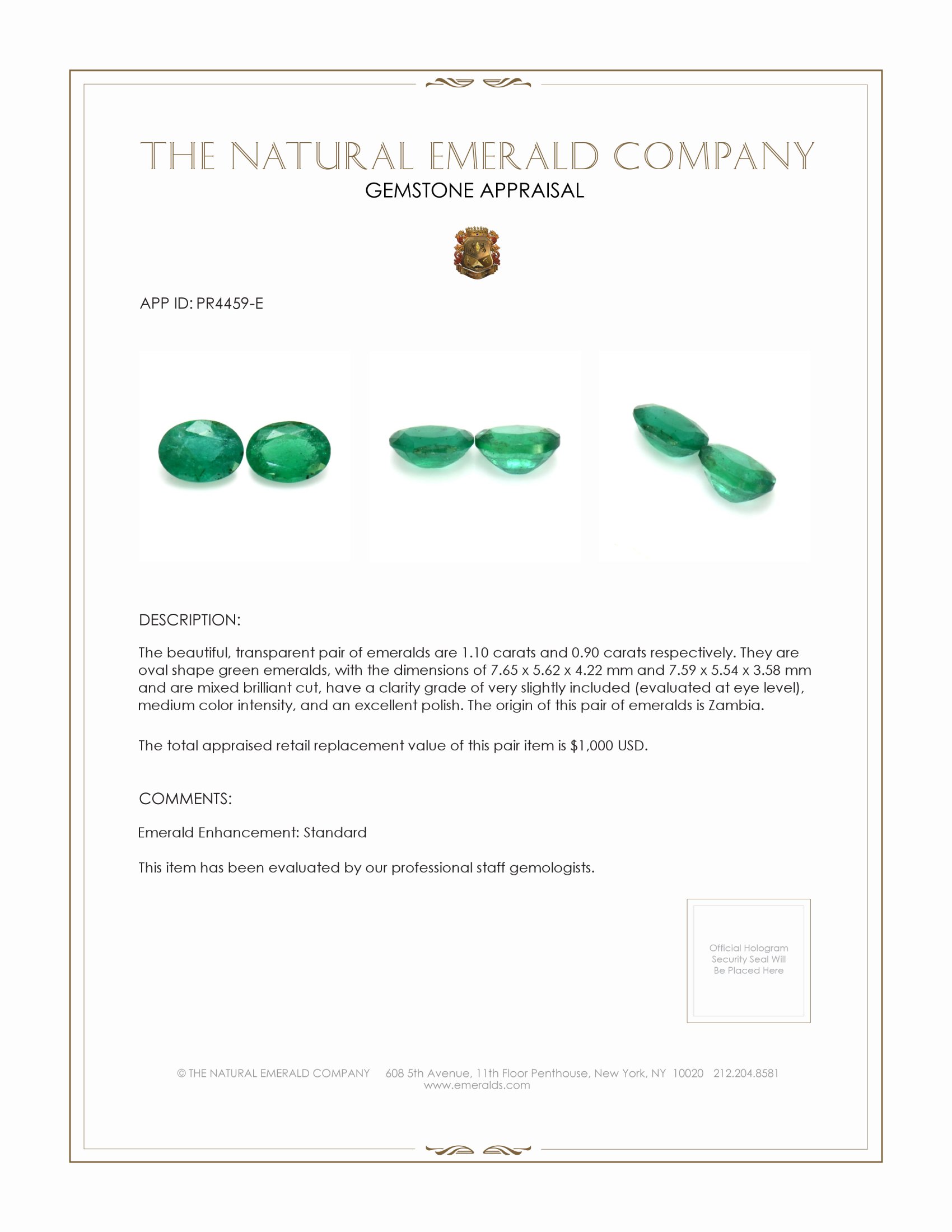 2.00 Ct.Tw. Emerald Pair from Zambia