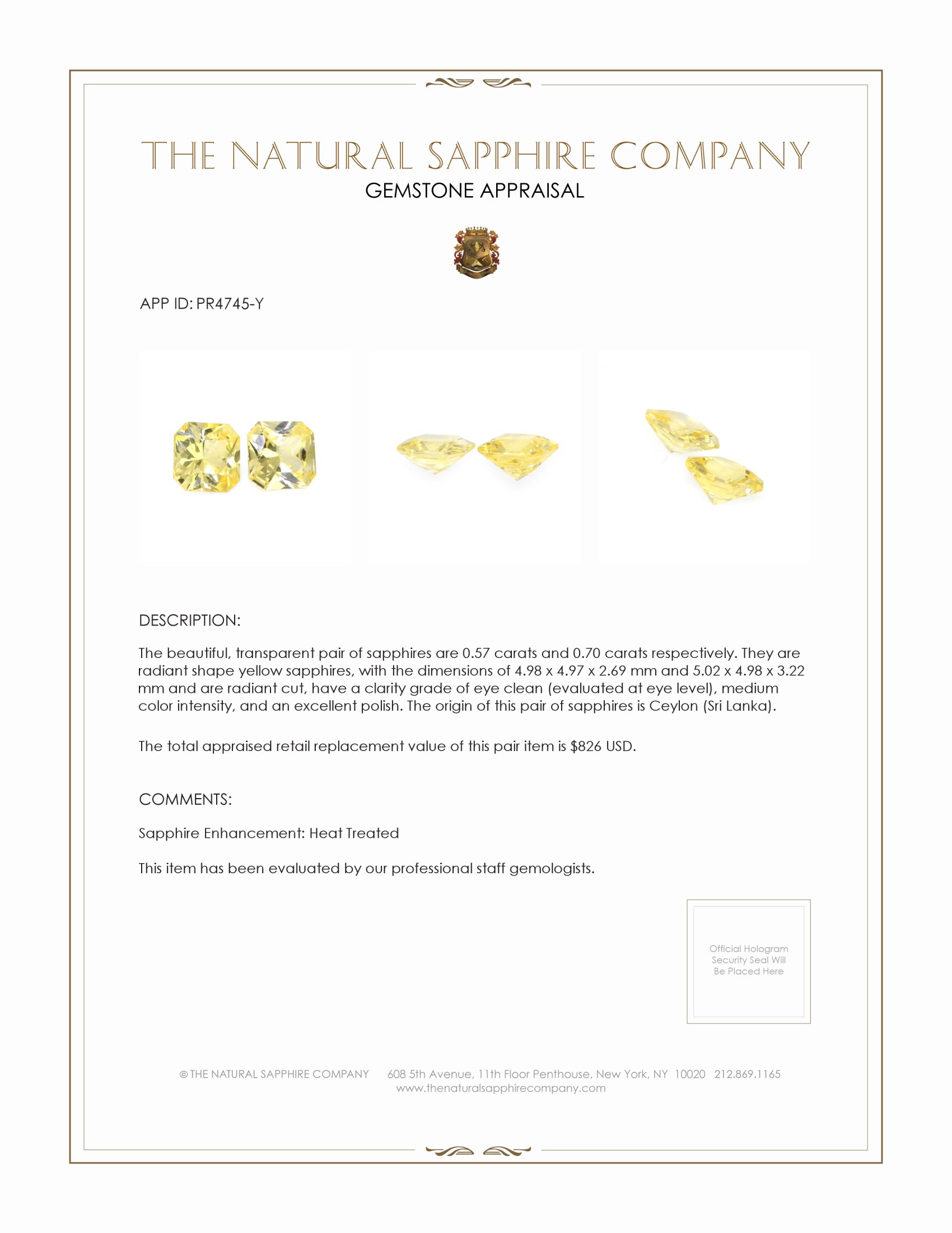 1.27 Ct.Tw. Yellow Sapphire Pair from Ceylon (Sri Lanka)