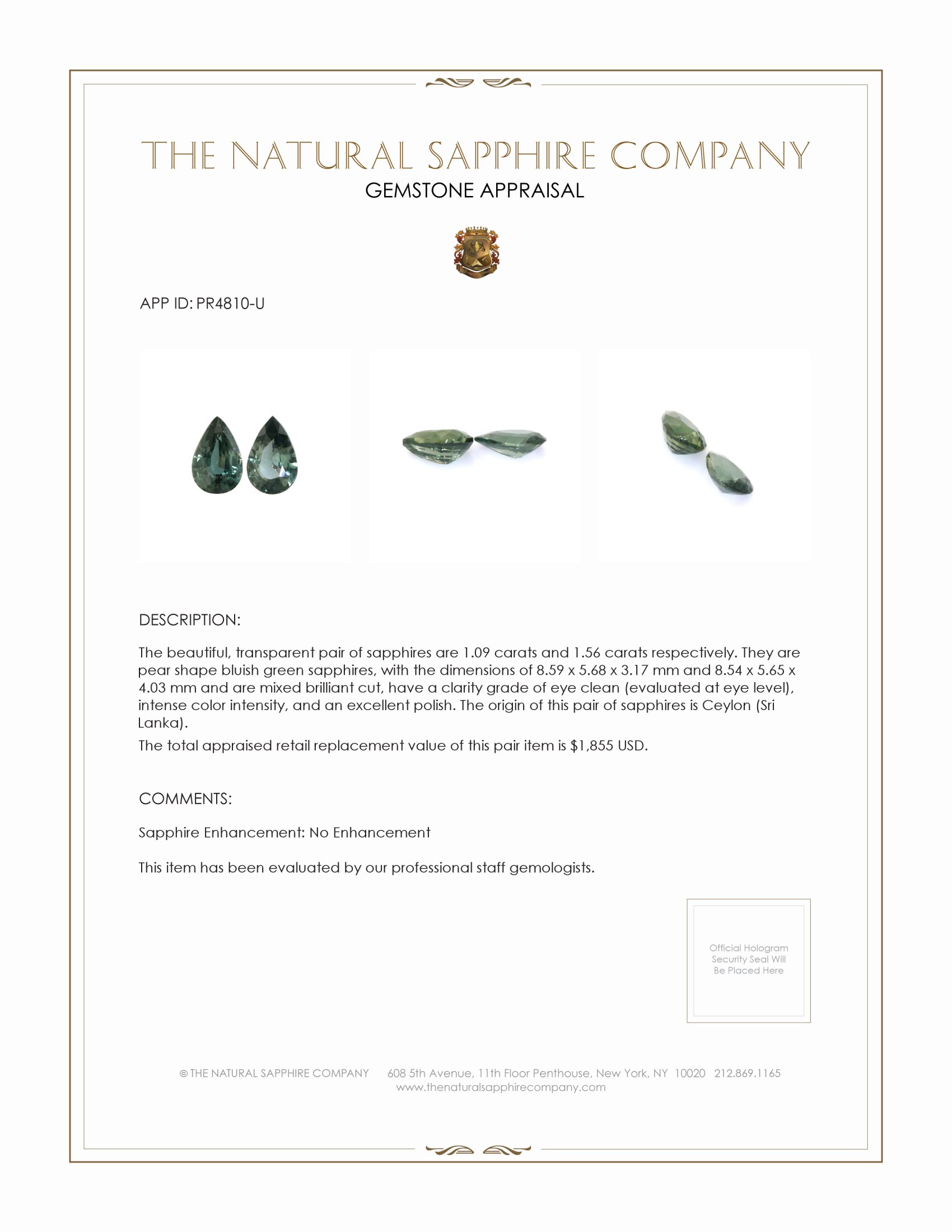 2.65 Ct.Tw. Bluish Green Sapphire Pair from Ceylon (Sri Lanka)